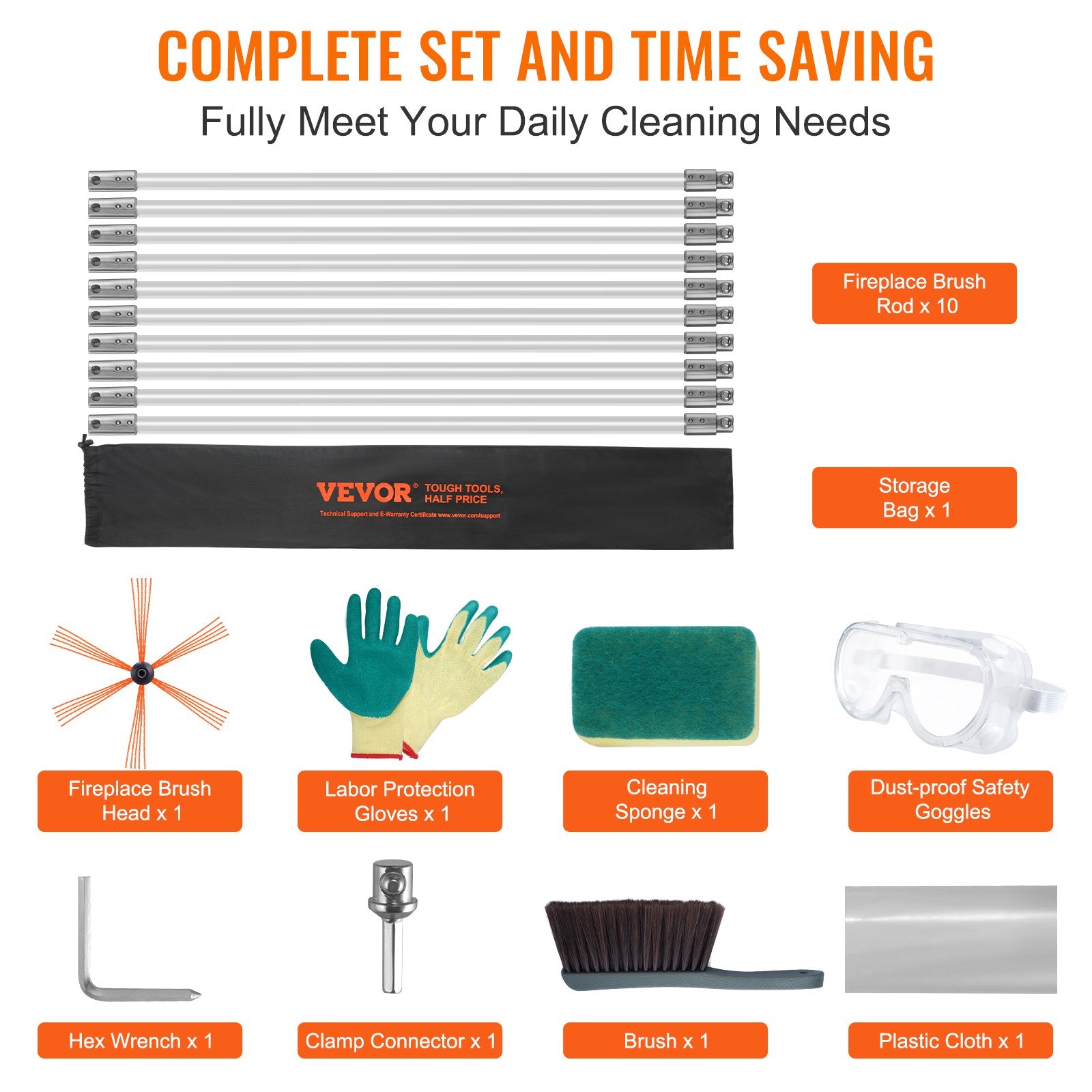 VEVOR 10 m Chimney Sweep Kit, w/ 10 Reinforced Nylon Flexible Rods, Ergonomic Chimney Cleaning Brush, 360-Degree Brush Chimney Cleaner, Rich Accessories for Fireplace Flue Home Use Fits most Pipes
