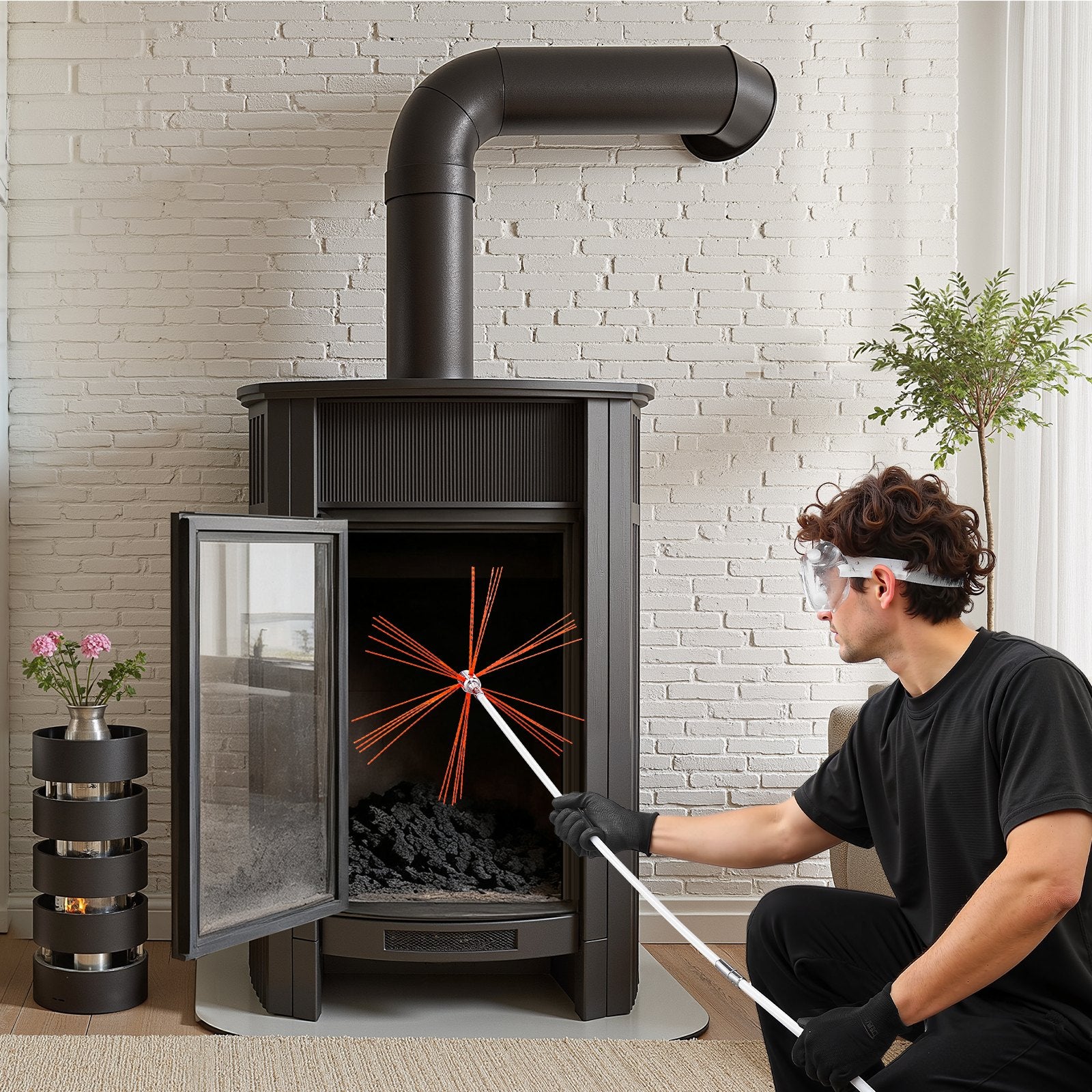 VEVOR Chimney Sweep Kit, 9m Maximum Extendable Length Chimney Sweep, Chimneys Cleaning Kit with Bristle Replacements & Goggles, 90° Bendable Fireplace Cleaning Tool, for Square, Rectangle Chimneys
