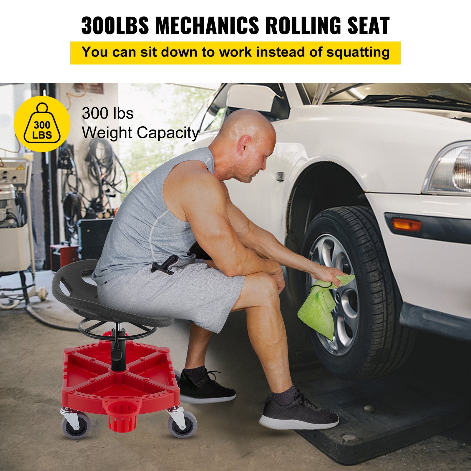 VEVOR Rolling Garage Stool, 300LBS Capacity, Adjustable Height from 18 in to 23 in, 360-degree Swivel Wheels (4\"), Large Tool Tray with Two Bottle Holder, for Workshop, Auto Repair Shop, Red