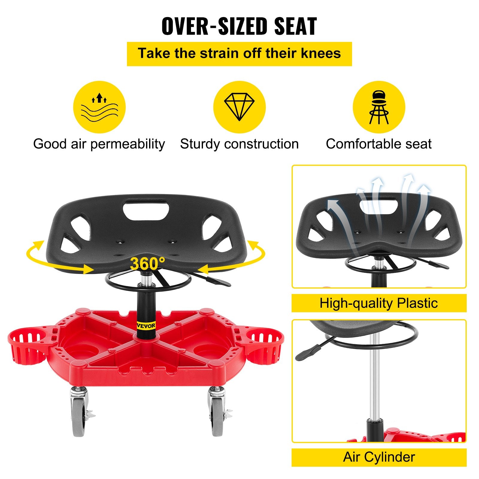 VEVOR Rolling Garage Stool, 300LBS Capacity, Adjustable Height from 18 in to 23 in, 360-degree Swivel Wheels (4\"), Large Tool Tray with Two Bottle Holder, for Workshop, Auto Repair Shop, Red
