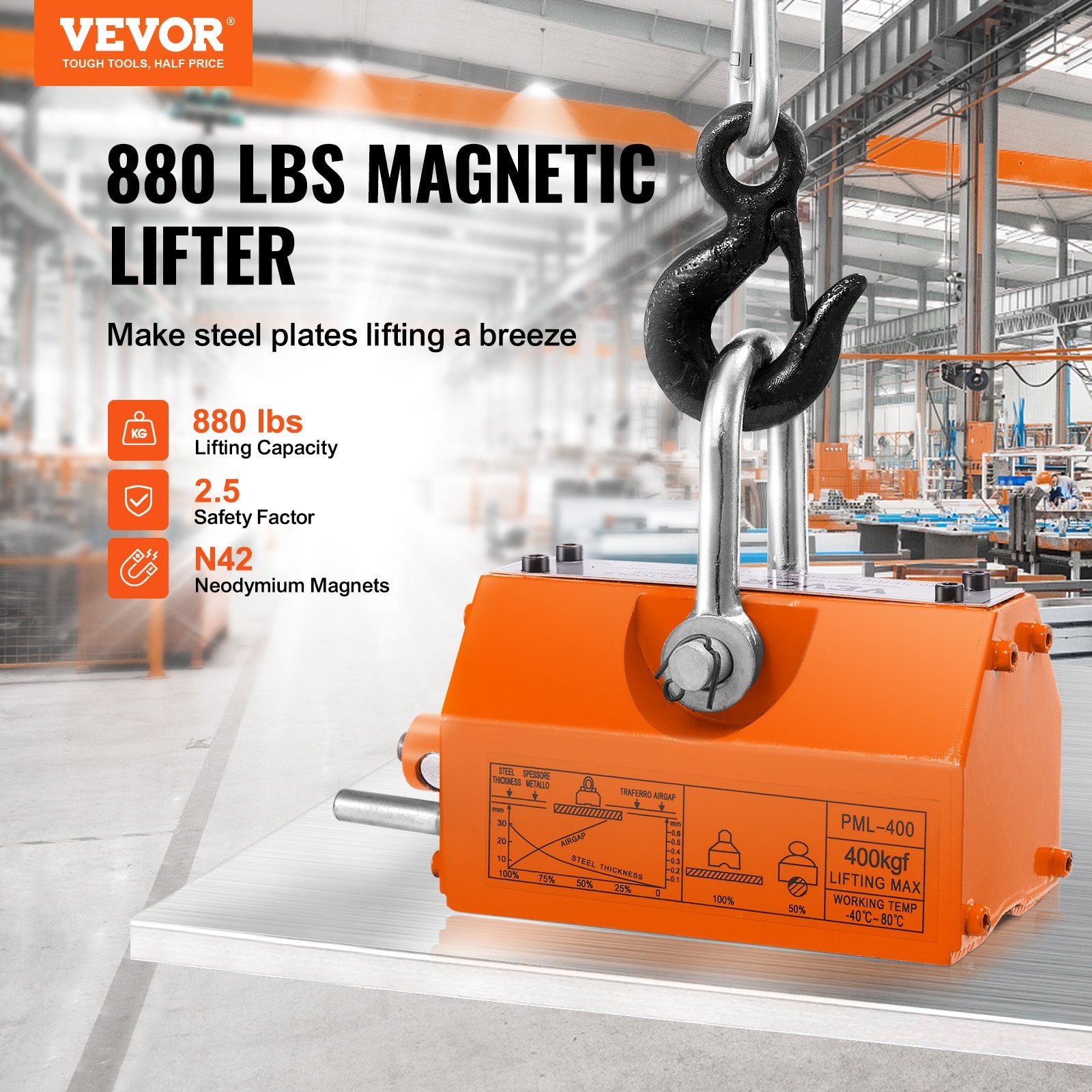 VEVOR Magnetic Lifter, 400 kg/880 lbs Pulling Capacity, 2.5 Safety Factor, Neodymium & Steel, Lifting Magnet with Release, Permanent Lift Magnets, Heavy Duty Magnet for Hoist, Shop Crane, Block, Board