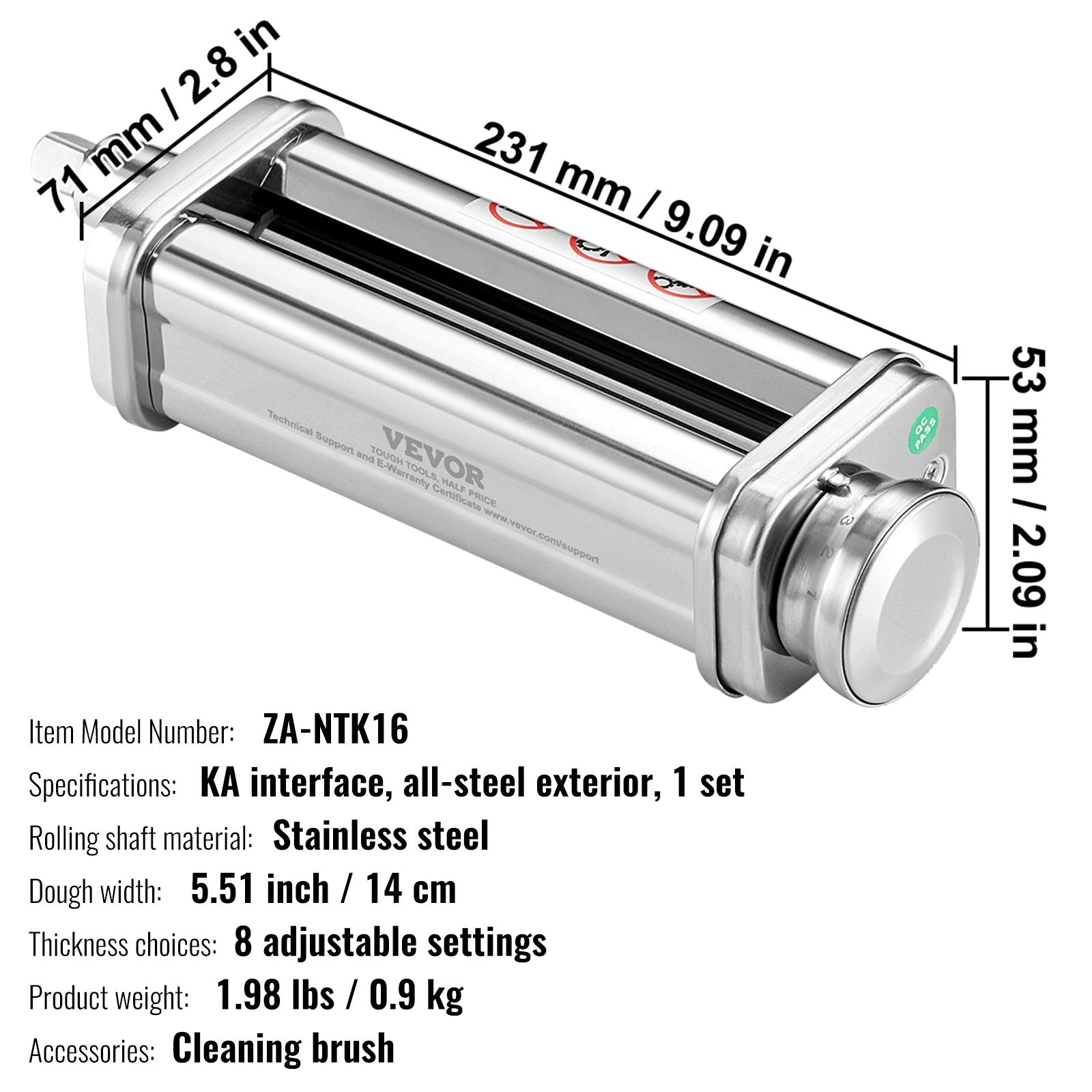 VEVOR Pasta Attachment for KitchenAid Stand Mixer, Stainless Steel Pasta Sheet Roller Attachment, Pasta Maker Machine Accessory with 8 Adjustable Thickness Knob, KitchenAid Pasta Attachment by VEVOR