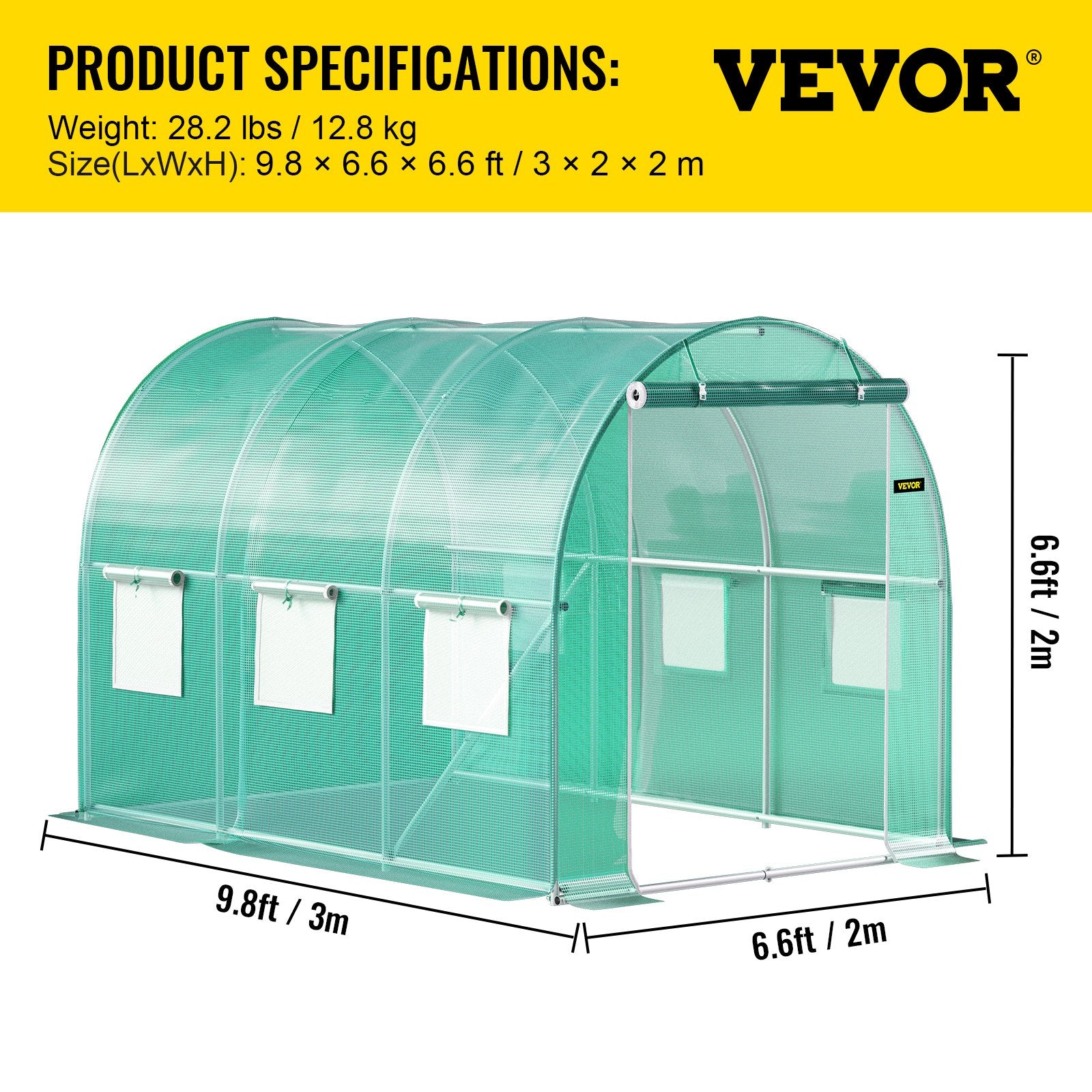 VEVOR Walk-in Tunnel Greenhouse, 3 x 2 x 2 m, Portable Plant Hot House with Galvanised Steel Frame, 1 Top Bar, Diagonal Poles, Zipper Door and 6 Roll-Up Windows, Green