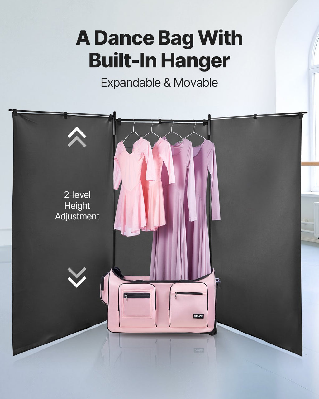 VEVOR Dance Bag with Garment Rack, 736.6 mm Rolling Dance Duffel, with Wheels, USB Port, Height Adjustable Clothes Rack, Privacy Protection Curtain, Ideal for Travel and Competitions, Matte Pink