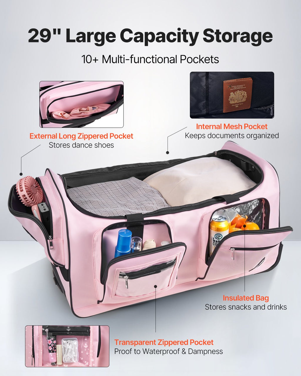 VEVOR Dance Bag with Garment Rack, 736.6 mm Rolling Dance Duffel, with Wheels, USB Port, Height Adjustable Clothes Rack, Privacy Protection Curtain, Ideal for Travel and Competitions, Matte Pink