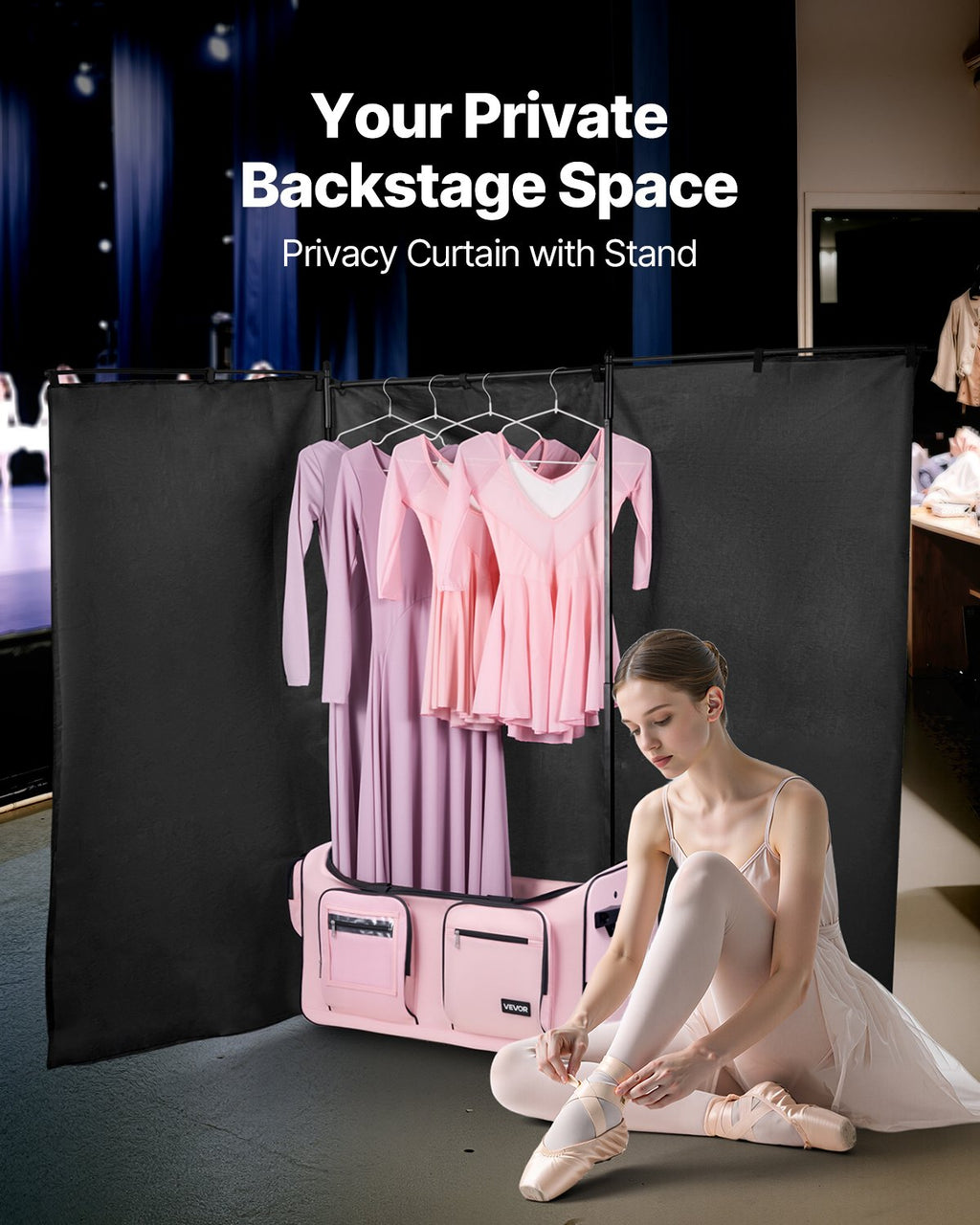 VEVOR Dance Bag with Garment Rack, 736.6 mm Rolling Dance Duffel, with Wheels, USB Port, Height Adjustable Clothes Rack, Privacy Protection Curtain, Ideal for Travel and Competitions, Matte Pink