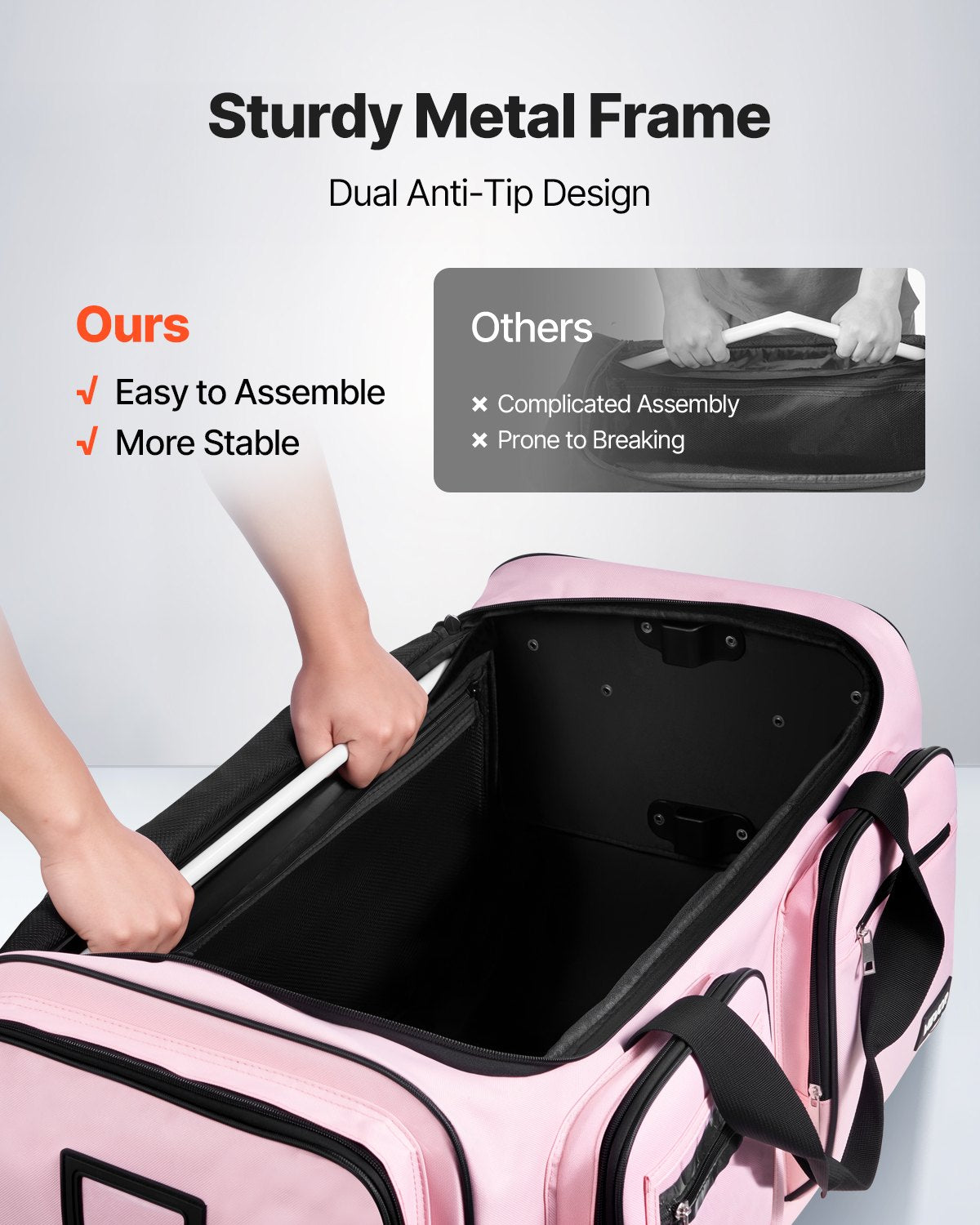 VEVOR Dance Bag with Garment Rack, 736.6 mm Rolling Dance Duffel, with Wheels, USB Port, Height Adjustable Clothes Rack, Privacy Protection Curtain, Ideal for Travel and Competitions, Matte Pink