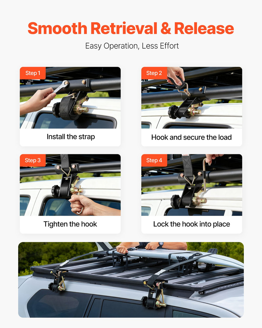 VEVOR Ladder Rack Ratchet Straps, 47.6-50.8 mm Black Round Tube Mount, 38 mm Wide x 2.25 m Long Black Ladder Rack Straps with Double J-Hooks, 226.8 kg Load Heavy Duty, Cargo Buckle Lock Strap (4 Pack)