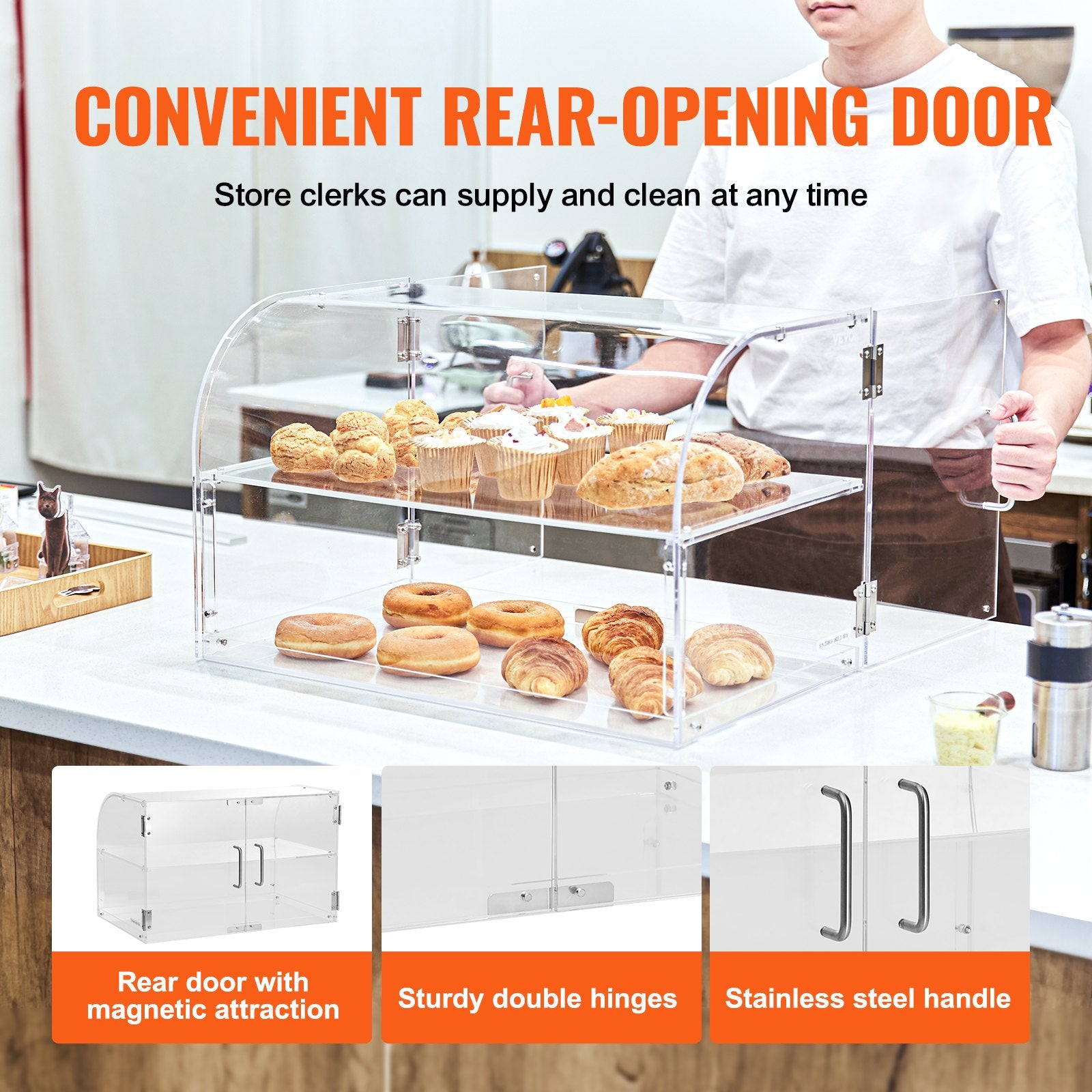 VEVOR Pastry Display Case, 2-Tier Commercial Countertop Bakery Display Case, Acrylic Display Box with Rear Door Access & Removable Shelves, Keep Fresh for Donut Bagels Cake Cookie