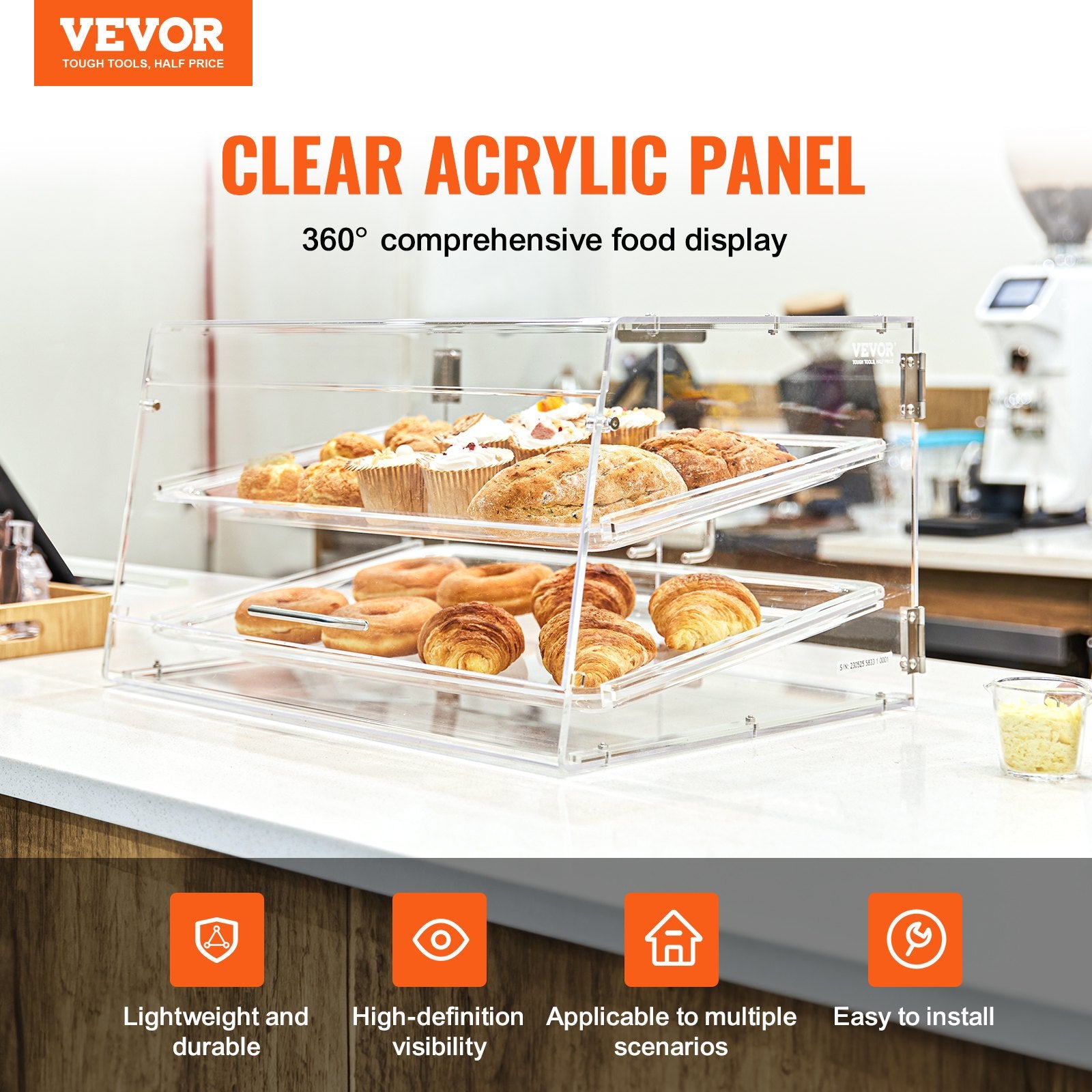 VEVOR Pastry Display Case, 2-Tier Commercial Countertop Bakery Display Case, Acrylic Display Box with Rear Door Access & Removable Shelves, Keep Fresh for Donut Bagels Cake Cookie