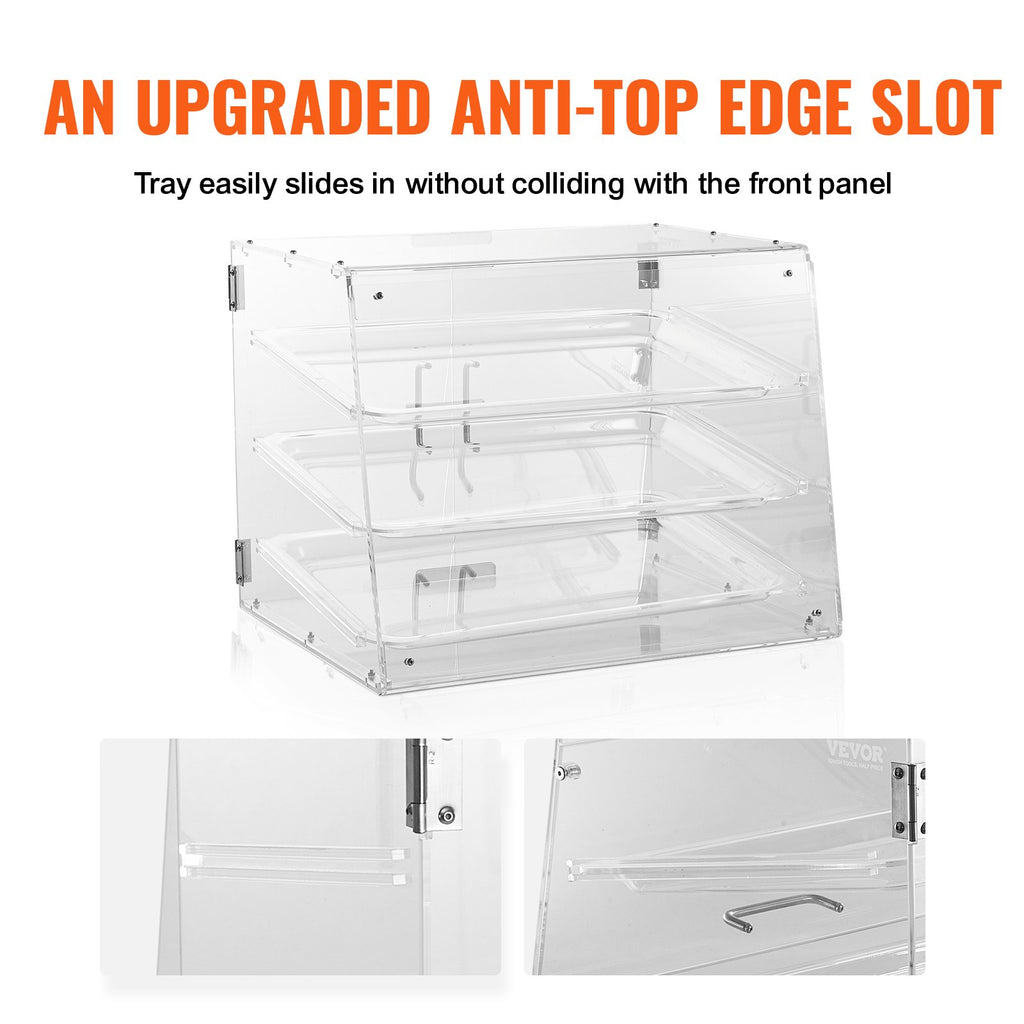 VEVOR Pastry Display Case, 3-Tier Commercial Countertop Bakery Display Case, Acrylic Display Box with Rear Door Access & Removable Shelves, Keep Fresh for Donut Bagels Cake Cookie