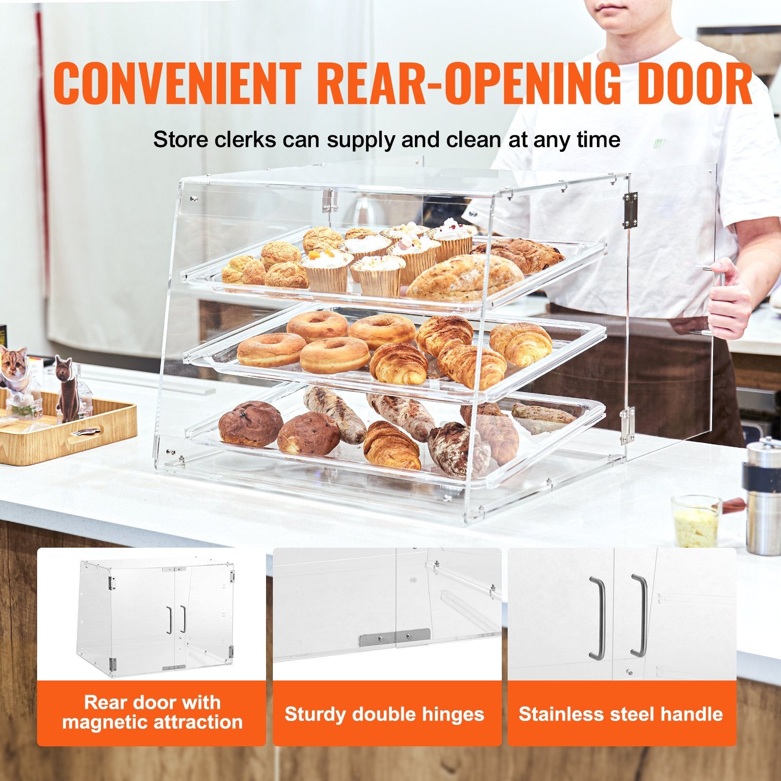 VEVOR Pastry Display Case, 3-Tier Commercial Countertop Bakery Display Case, Acrylic Display Box with Rear Door Access & Removable Shelves, Keep Fresh for Donut Bagels Cake Cookie