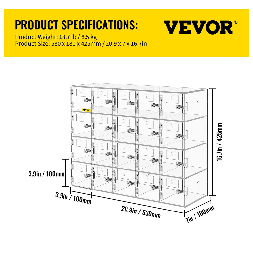 VEVOR Acrylic Cell Phone Locker Box Storage Cabinet Pocket w/Keys 20 Slots Clear
