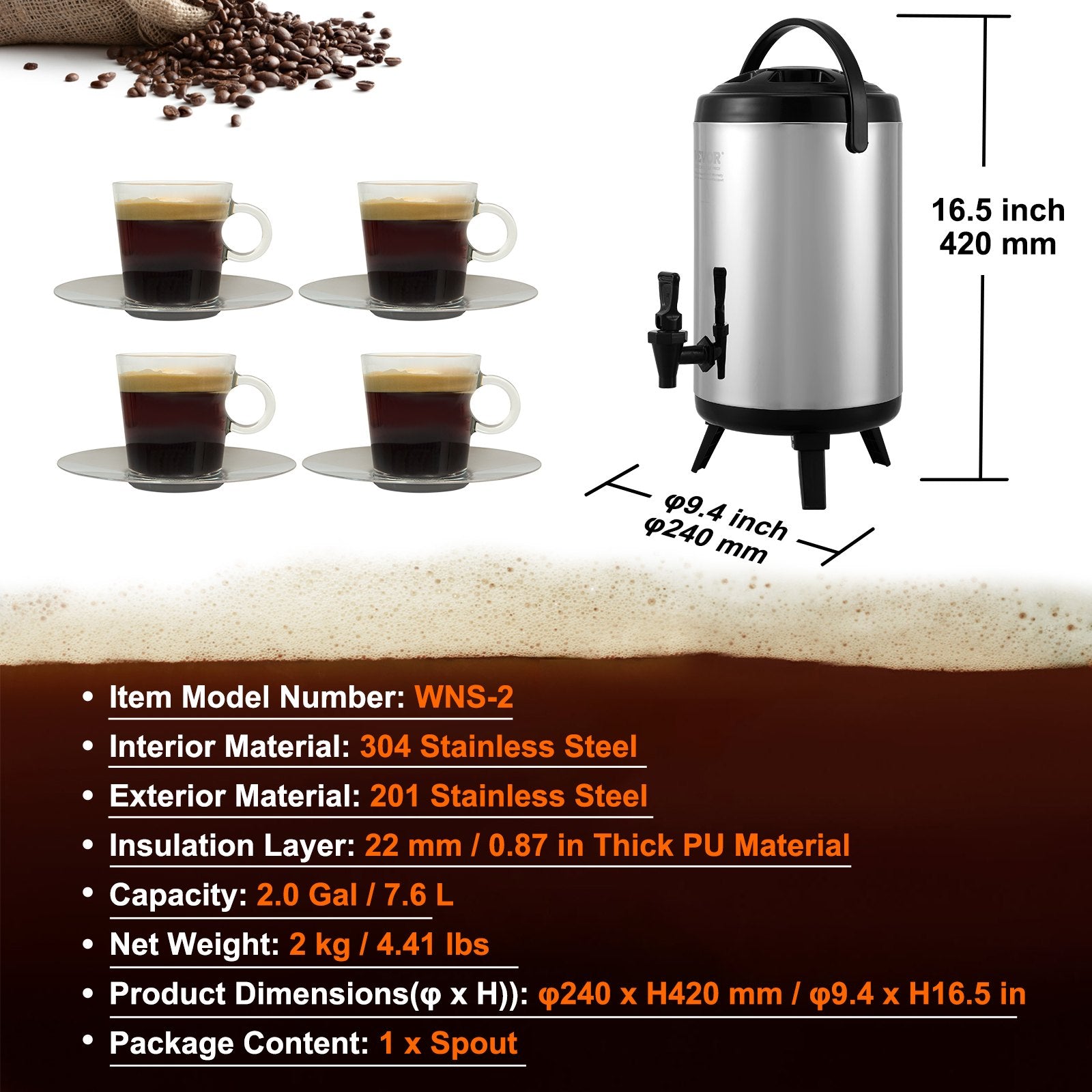 VEVOR Stainless Steel Insulated Beverage Dispenser, 7.6 Liter, Thermal Hot and Cold Drink Server Dispenser with Spigot Handle, Food-grade for Hot Tea Coffee Water Restaurant Drink Shop