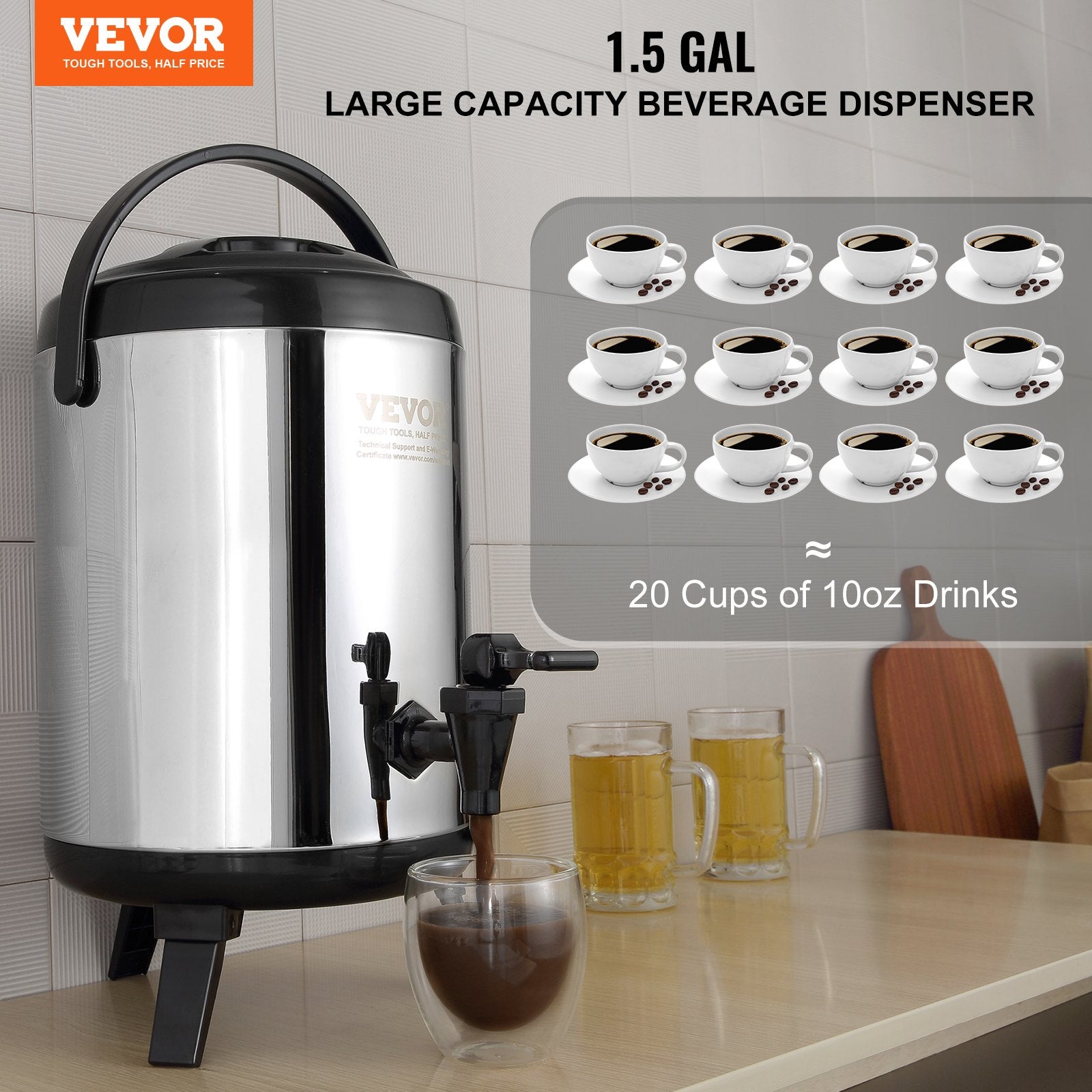 VEVOR Stainless Steel Insulated Beverage Dispenser, 6 Liter, Thermal Hot and Cold Drink Server Dispenser with Spigot Handle, Food-grade for Hot Tea Coffee Water Restaurant Drink Shop
