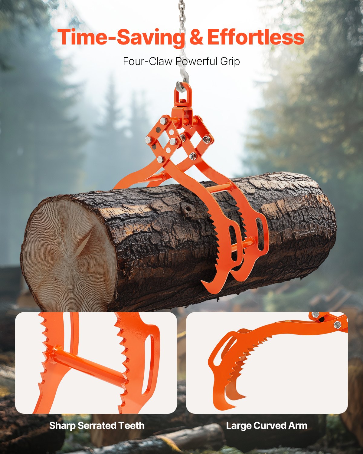 VEVOR 36in Log Lifting Tongs, 4-Claw Log Tongs, Heavy Duty Steel Log Grapple, 3300LBS Lifting Capacity, Swivel Log Graper Timber, Eagle Claw Design, Log Skidding Tongs for Trucks, Tractors, Forklifts