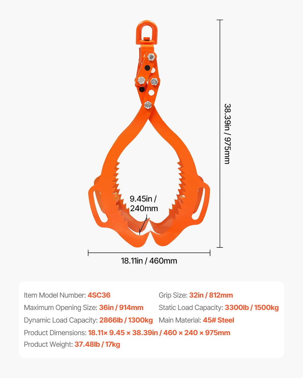 VEVOR 36in Log Lifting Tongs, 4-Claw Log Tongs, Heavy Duty Steel Log Grapple, 3300LBS Lifting Capacity, Swivel Log Graper Timber, Eagle Claw Design, Log Skidding Tongs for Trucks, Tractors, Forklifts