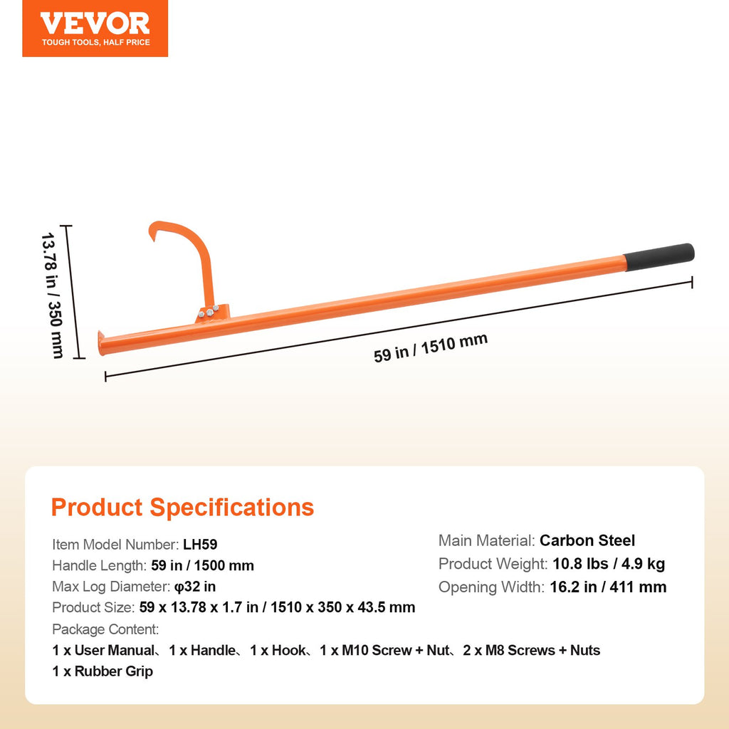 VEVOR Cant Hook Tool, 59 in, Heavy Duty Steel Log Roller, Log Lifter Timber Jack for Max 32" Dia Logs, Forestry Logging Tools, Dual Function Log Handler for Rolling and Clamping Logs