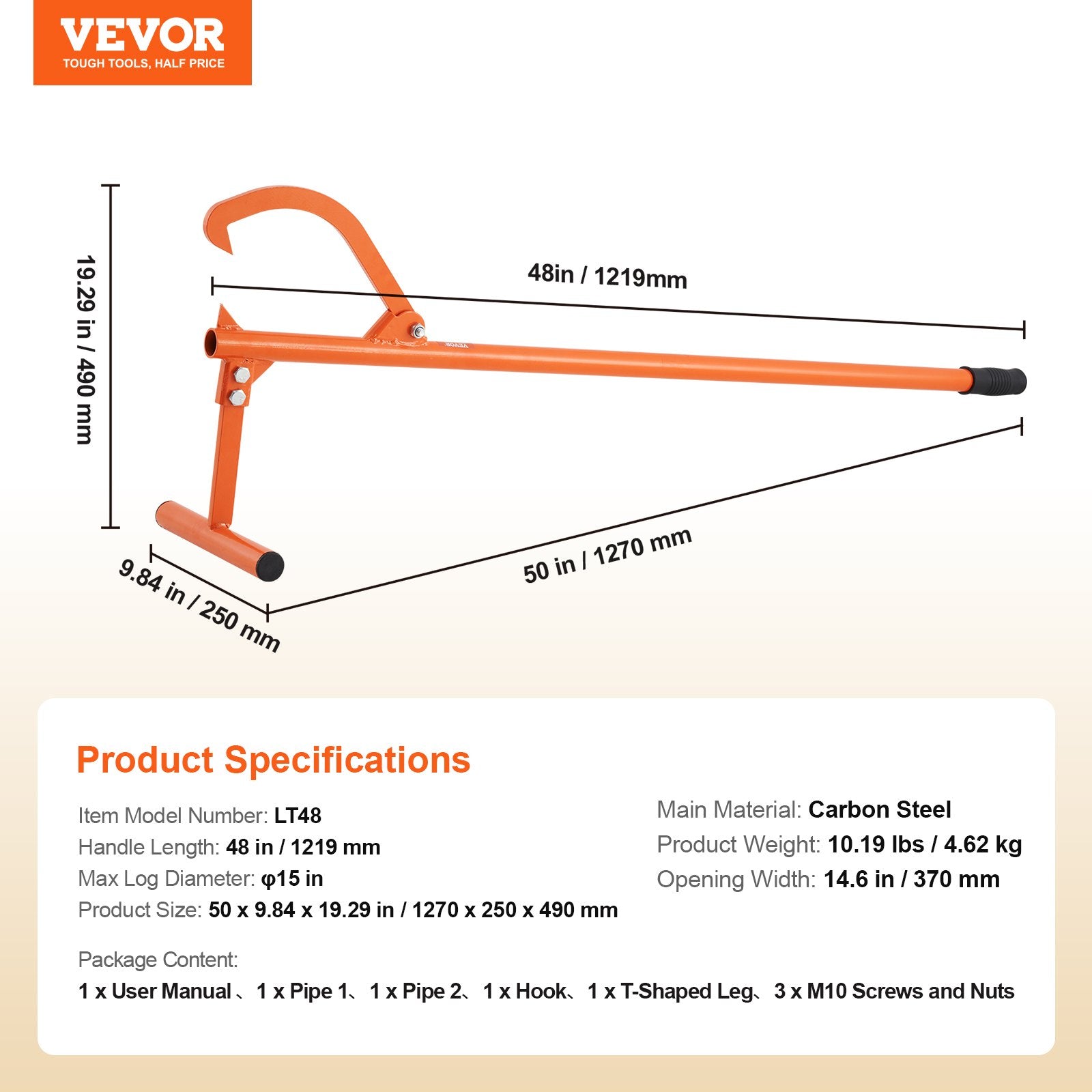 VEVOR Timberjack, 48 in, Heavy Duty Log Lifter with Metal Handle, Log Roller with Adjustable Cant Hook, Logging Tools Log Jack for Logs Ups to 15" Dia, Timber Jack for Rolling Cutting Lifting Logs