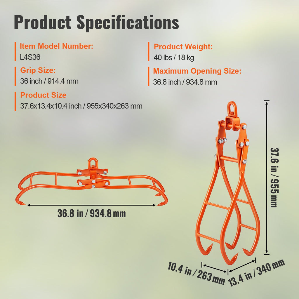 VEVOR Timber Claw Hook, 36 inch 4 Claw Log Grapple for Logging Tongs, Swivel Steel Log Lifting Tongs, Eagle Claws Design with 3307 lbs/1500 kg Loading Capacity for Tractors, ATVs, Trucks, Forklifts