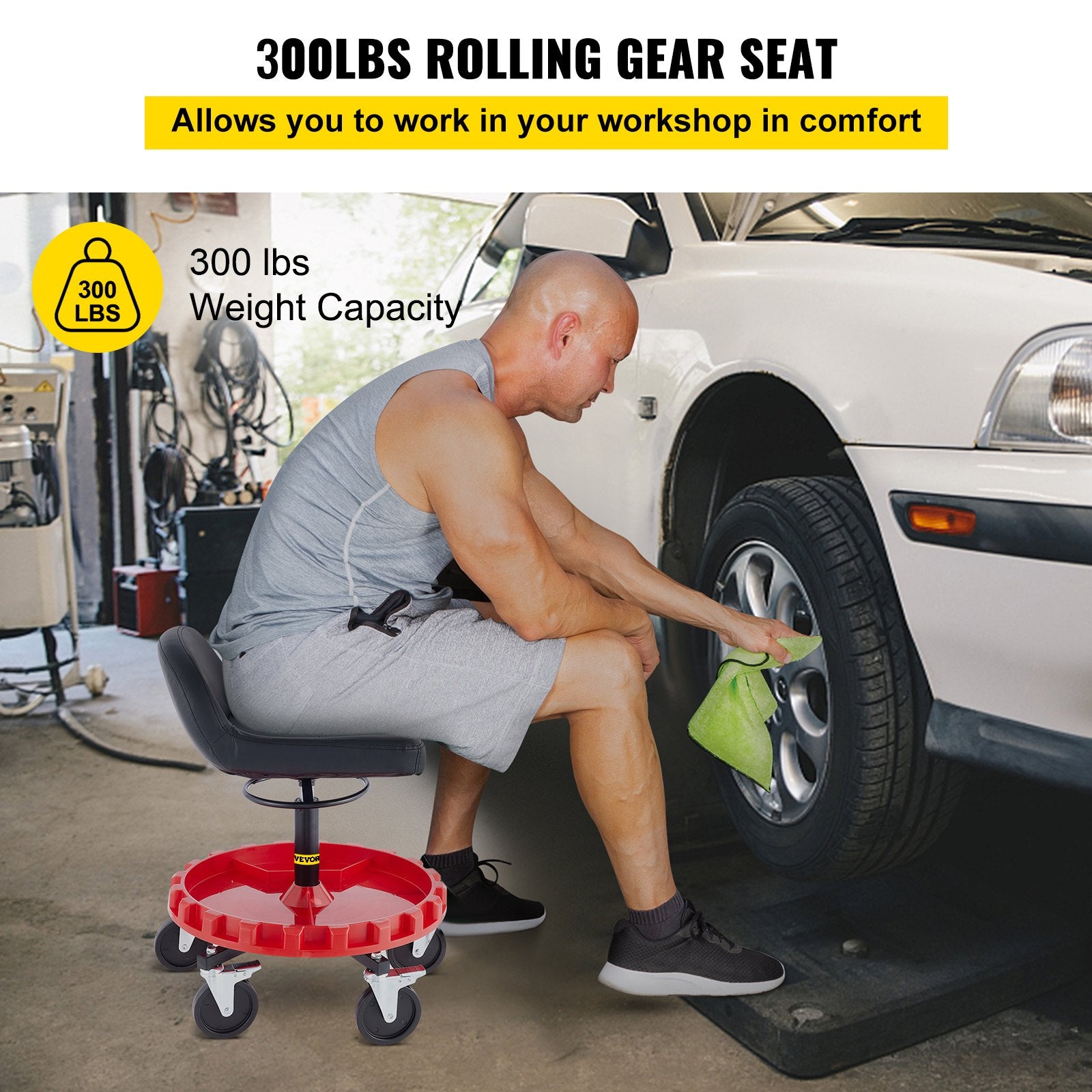 VEVOR Shop Stool, 135 kg Rolling Garage Stool, 56 cm to 66 cm Adjustable Height Mobile Rolling Gear Seat, Round Tray Garage Pneumatic Stool, All-Terrain 12.7 cm Casters with Two Brakes Mechanic Seat