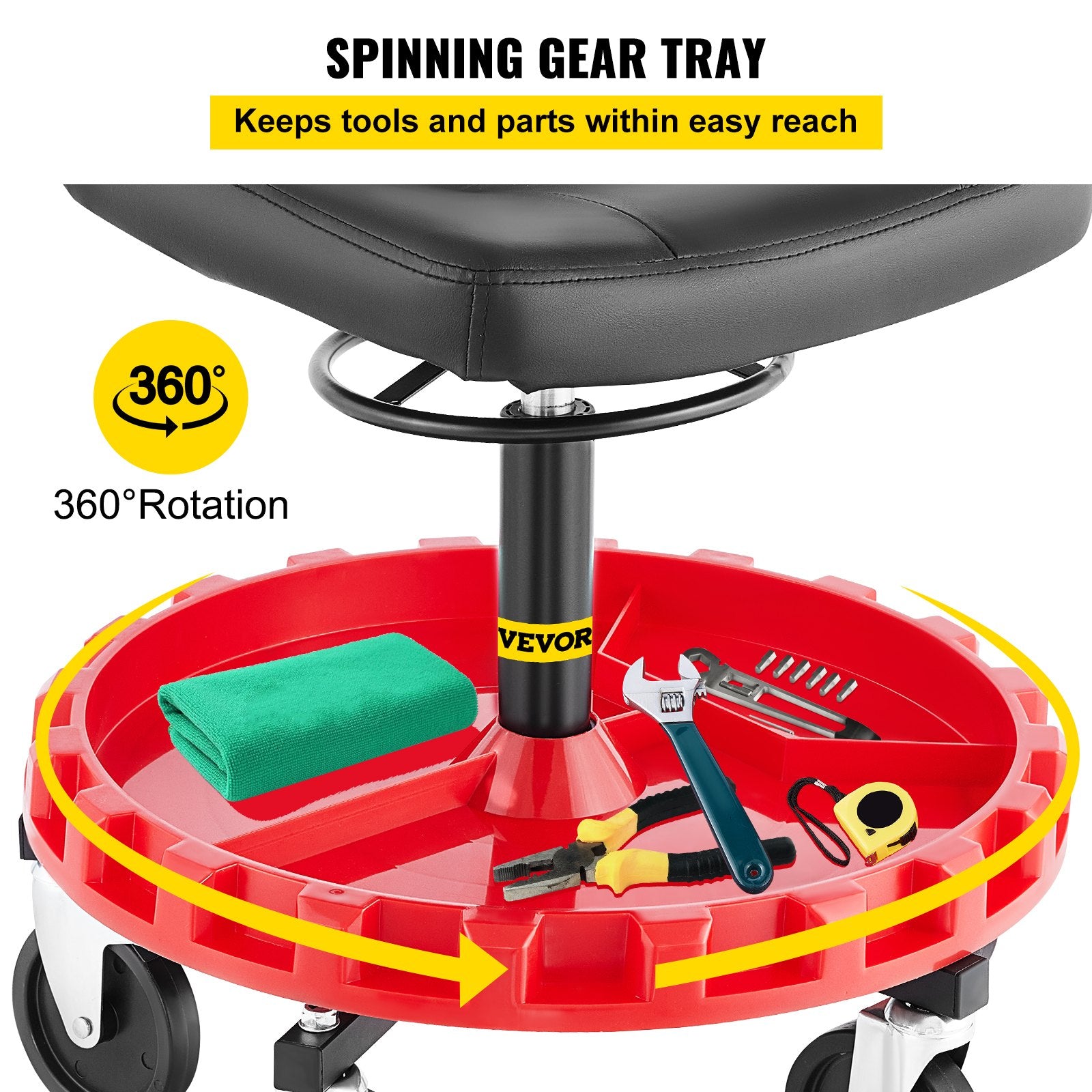 VEVOR Shop Stool, 135 kg Rolling Garage Stool, 56 cm to 66 cm Adjustable Height Mobile Rolling Gear Seat, Round Tray Garage Pneumatic Stool, All-Terrain 12.7 cm Casters with Two Brakes Mechanic Seat