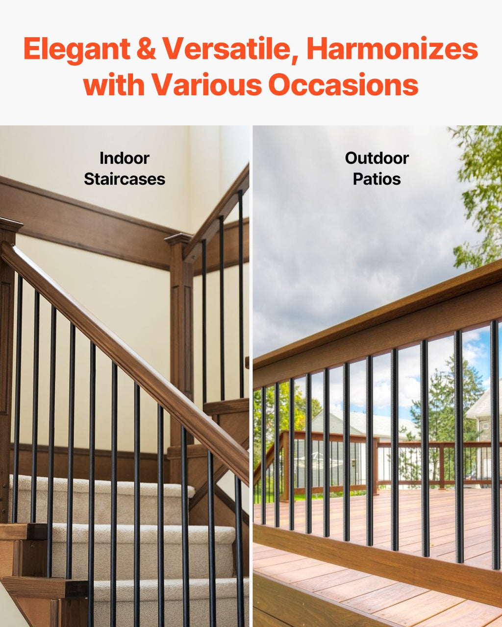 VEVOR Staircase Balusters 101 Pack, 660 mm Aluminum Stair Balusters, 19 mm Water-Proof Round Metal Spindle Railing, Hollow Deck Railing with Rail Caps & Screws for Stairs, Porch, Patio, Matte Black
