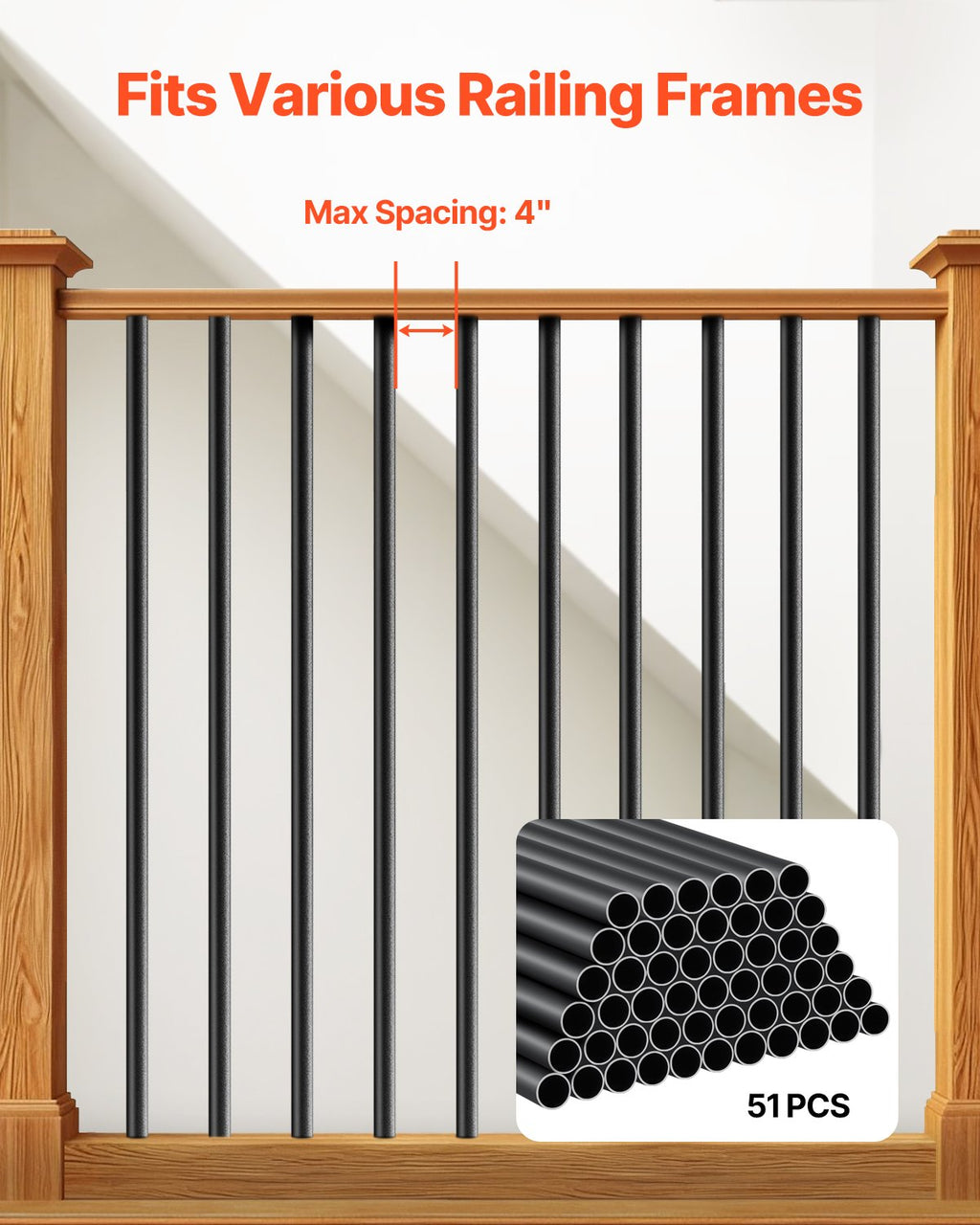 VEVOR Staircase Balusters 51 Pack, 660 mm Aluminum Stair Balusters, 19 mm Water-Proof Round Metal Spindle Railing, Hollow Deck Railing with Rail Caps & Screws for Stairs, Porch, Patio, Fence, Black