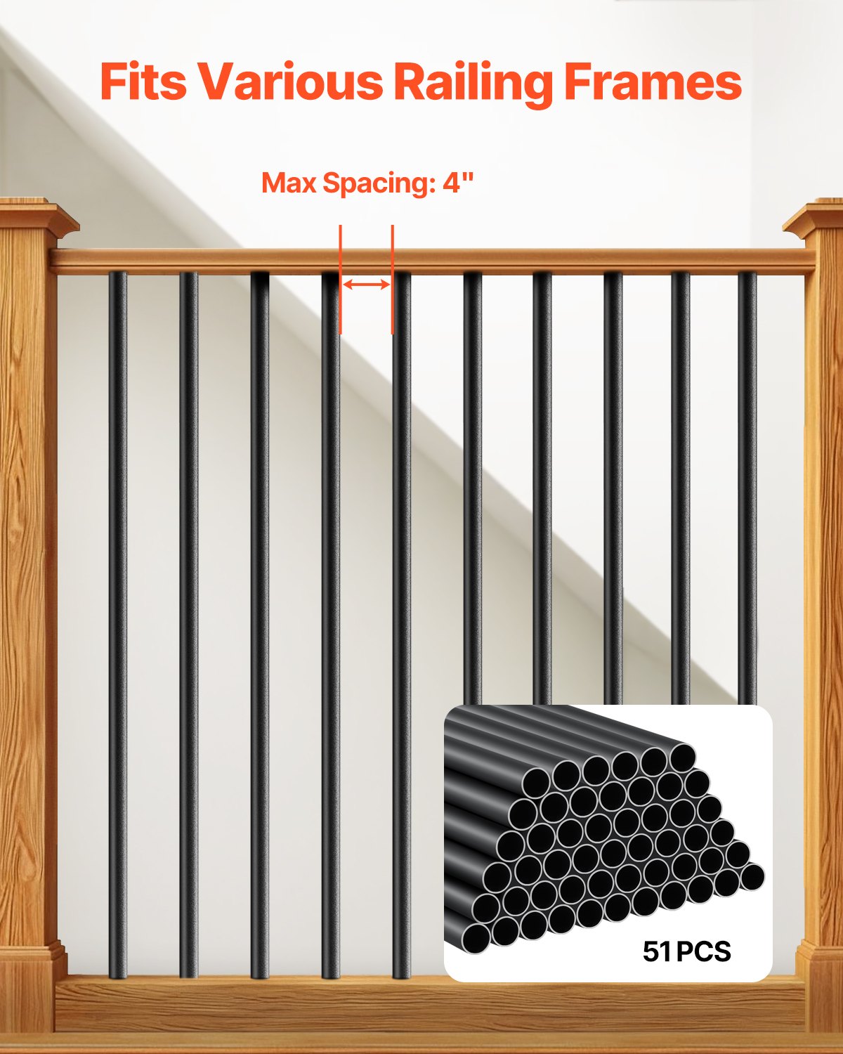VEVOR Staircase Balusters 51 Pack, 660 mm Aluminum Stair Balusters, 19 mm Water-Proof Round Metal Spindle Railing, Hollow Deck Railing with Rail Caps & Screws for Stairs, Porch, Patio, Fence, Black