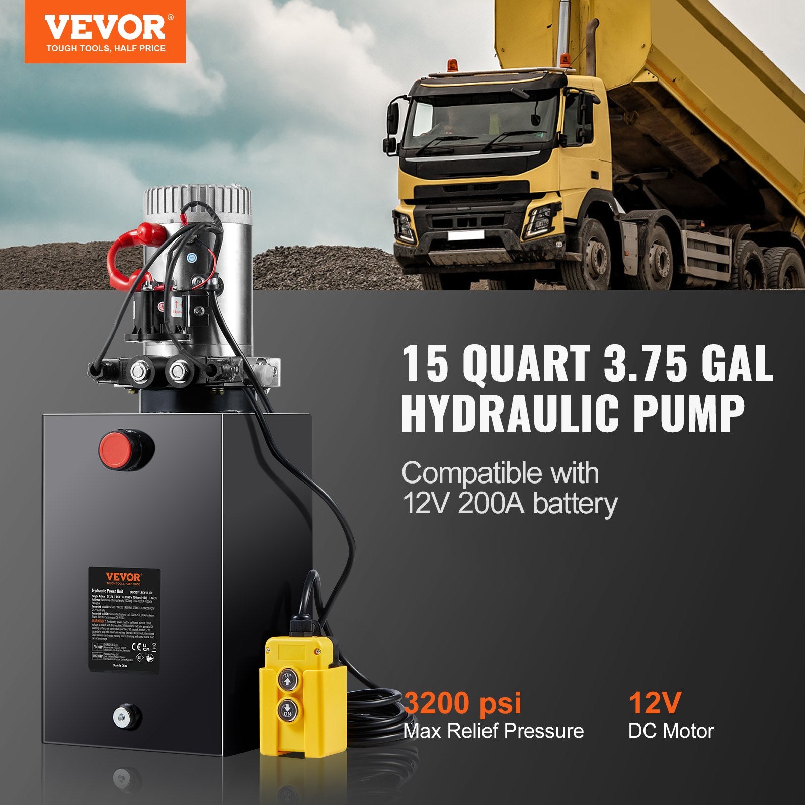 VEVOR Hydraulic Pump 15 Quart Double Acting Dump Trailer Pump Power Unit DC 12V