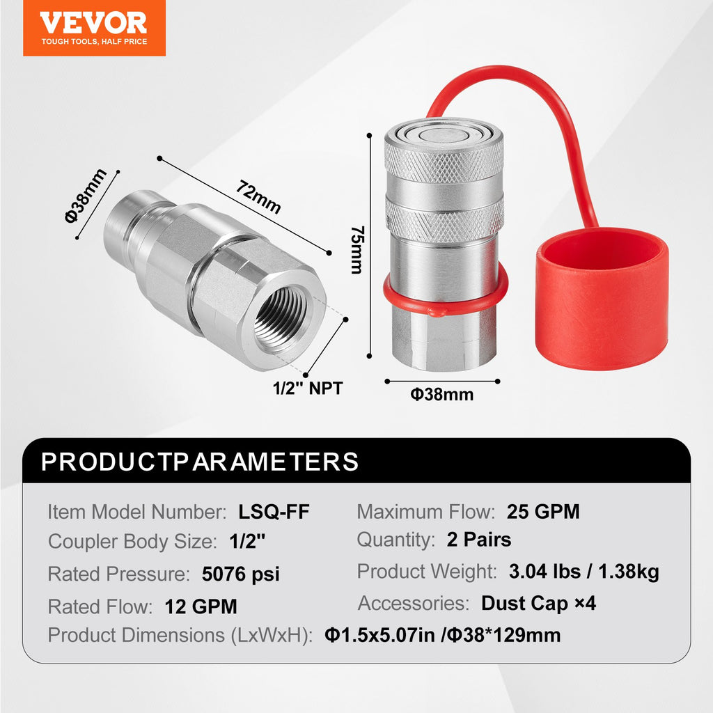 VEVOR 1/2" Flat Face Hydraulic Couplers 1/2" NPT Skid Steer Couplers 4 Dust Caps