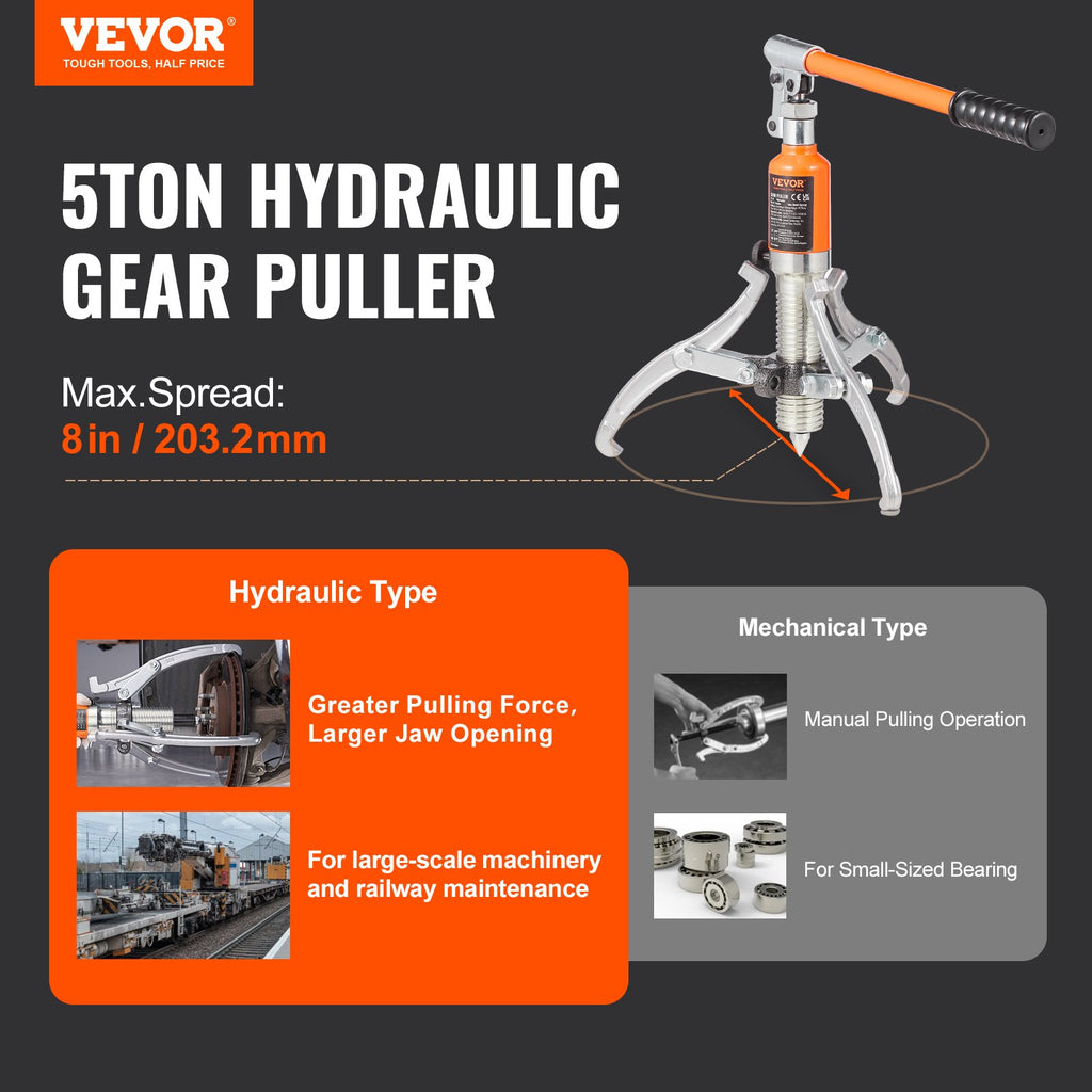 VEVOR Hydraulic Gear Puller 5 Ton Wheel Pulley Bearing 2 or 3-Jaw with Case