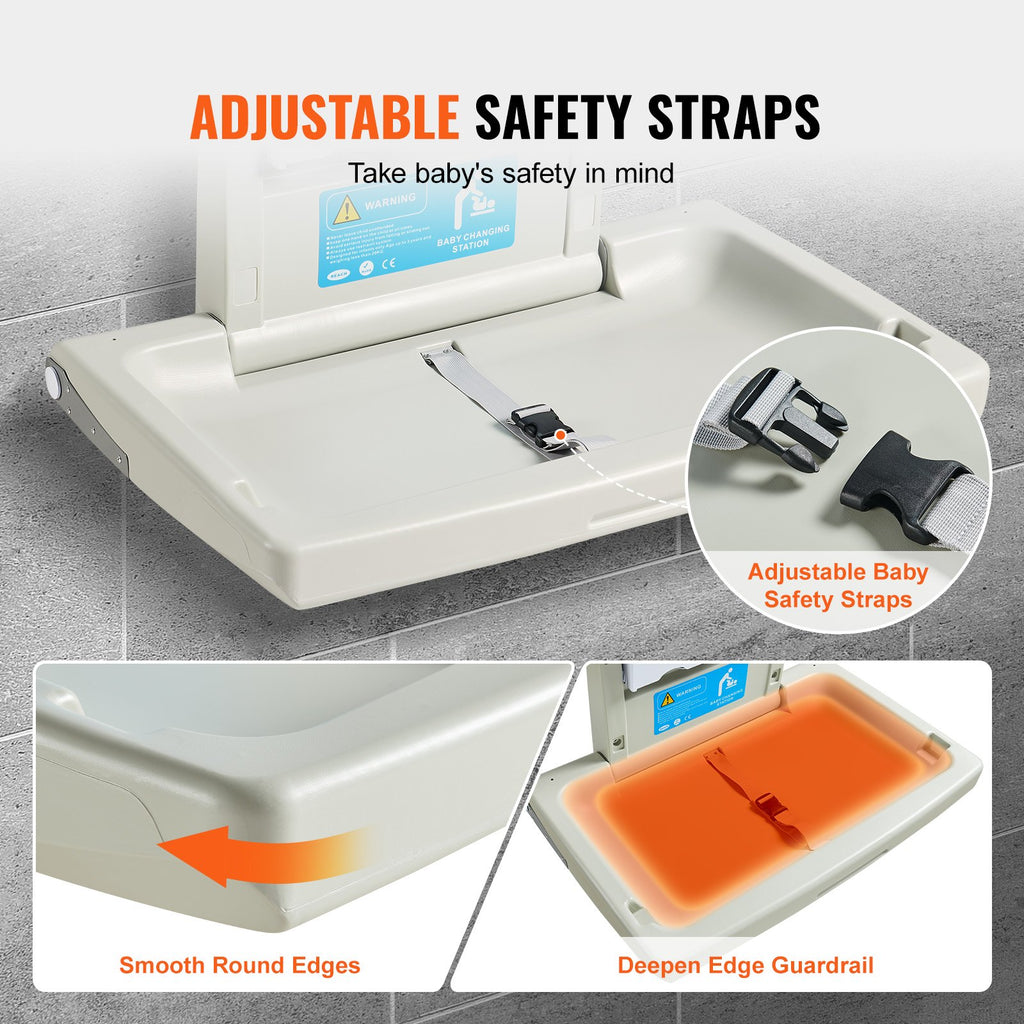 VEVOR Wall-Mounted Baby Changing Station, Horizontal Foldable Diaper Change Table with Safety Straps and Hanging Rods, Use in Commercial Bathrooms,  Daycare Centers for Newborns & Infant