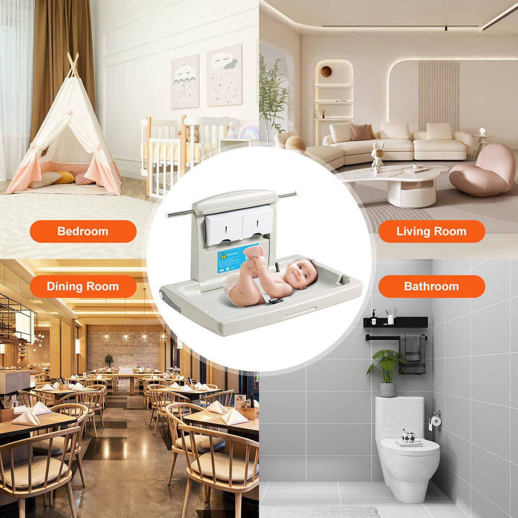 VEVOR Wall-Mounted Baby Changing Station, Horizontal Foldable Diaper Change Table with Safety Straps and Hanging Rods, Use in Commercial Bathrooms,  Daycare Centers for Newborns & Infant