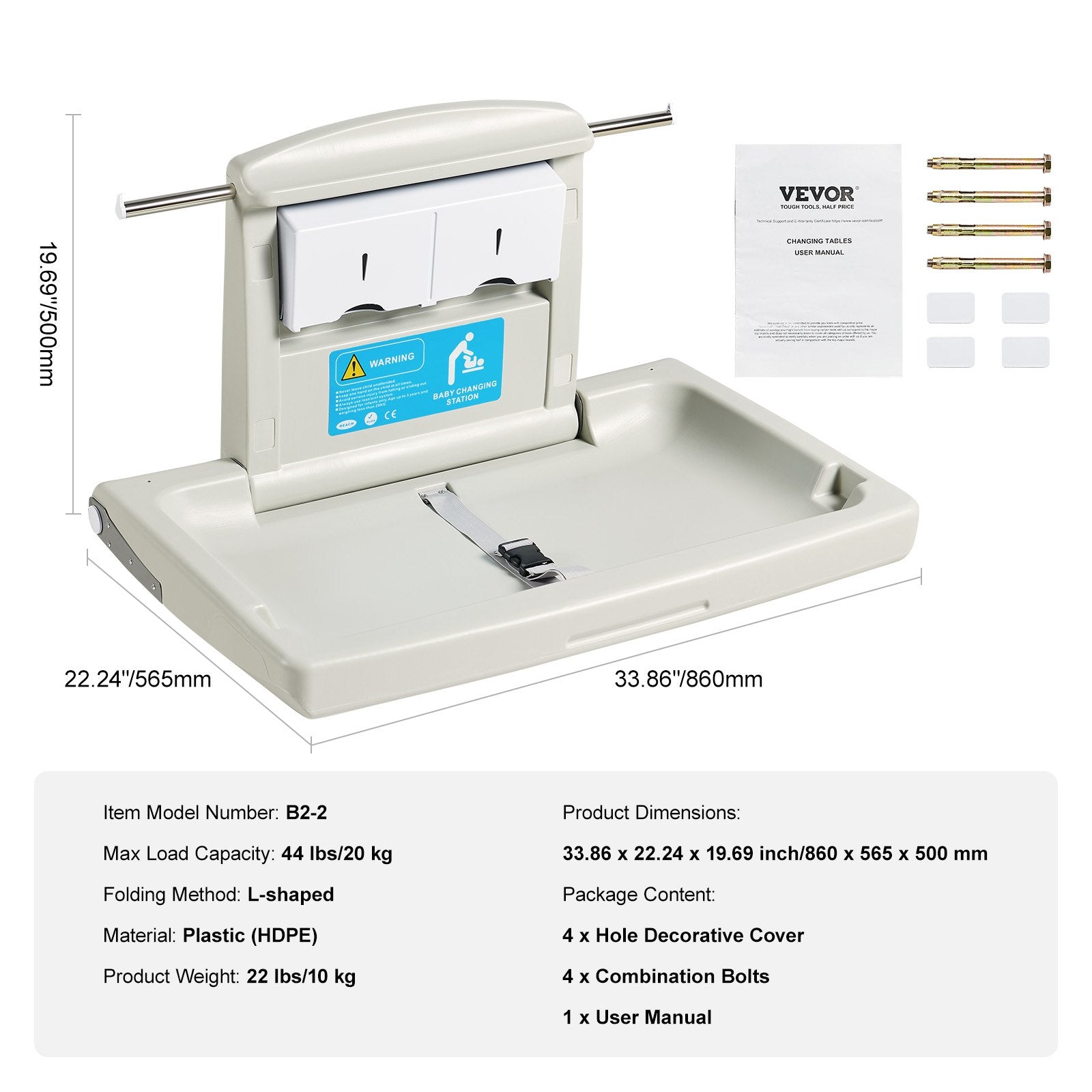 VEVOR Wall-Mounted Baby Changing Station, Horizontal Foldable Diaper Change Table with Safety Straps and Hanging Rods, Use in Commercial Bathrooms,  Daycare Centers for Newborns & Infant