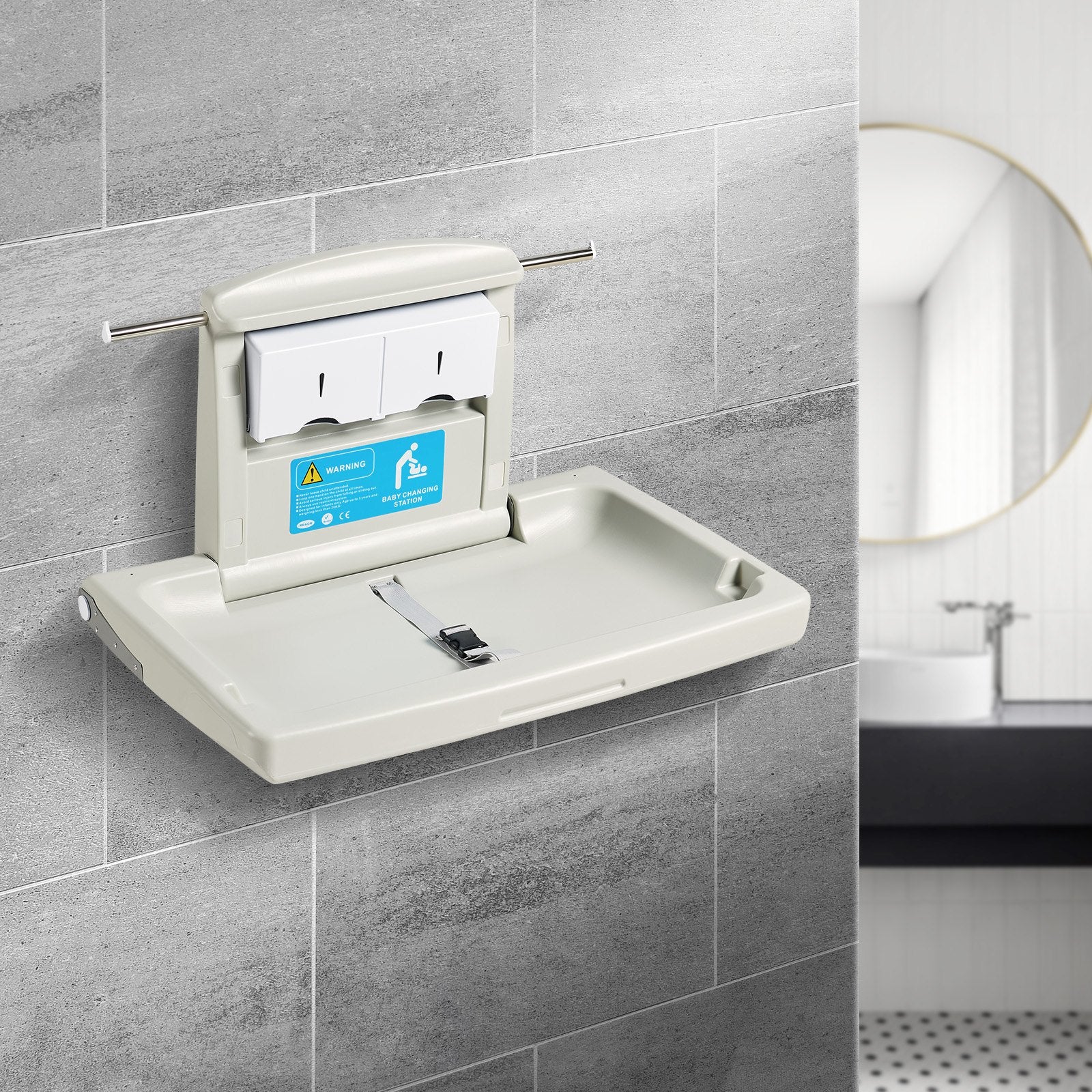 VEVOR Wall-Mounted Baby Changing Station, Horizontal Foldable Diaper Change Table with Safety Straps and Hanging Rods, Use in Commercial Bathrooms,  Daycare Centers for Newborns & Infant