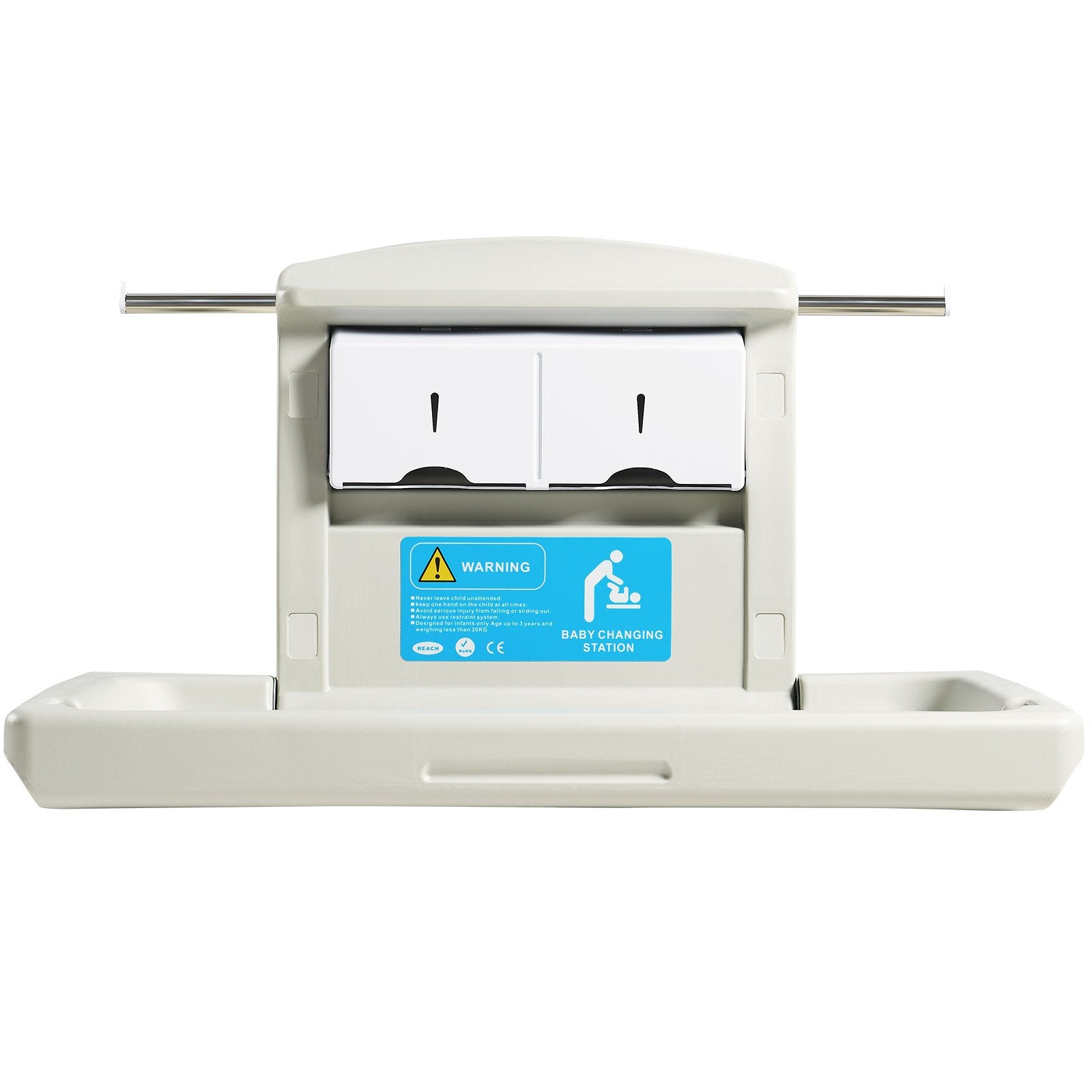 VEVOR Wall-Mounted Baby Changing Station, Horizontal Foldable Diaper Change Table with Safety Straps and Hanging Rods, Use in Commercial Bathrooms,  Daycare Centers for Newborns & Infant