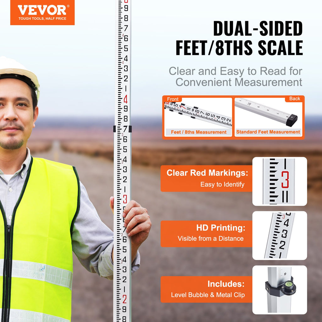 VEVOR Aluminum Grade Rod, 14-Feet/8ths 4 Sections Telescopic Measuring Rod, Double-Sided Scale 1/8in Leveling Rod Stick, Aluminum Alloy Survey Rod w/ Bubble Level &Carrying Bag for Houses,Walls,Floors