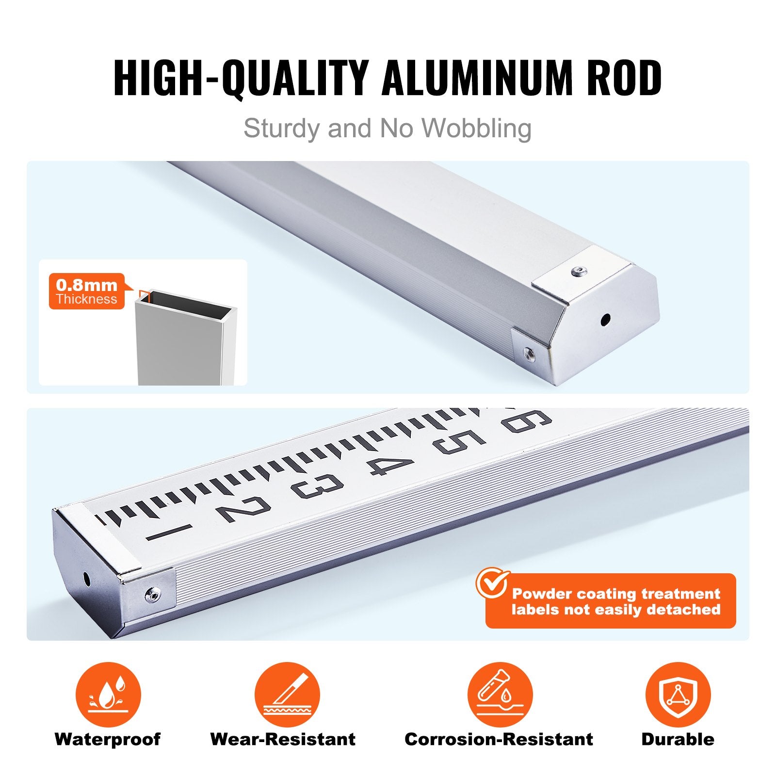 VEVOR Aluminum Grade Rod, 14-Feet/8ths 4 Sections Telescopic Measuring Rod, Double-Sided Scale 1/8in Leveling Rod Stick, Aluminum Alloy Survey Rod w/ Bubble Level &Carrying Bag for Houses,Walls,Floors