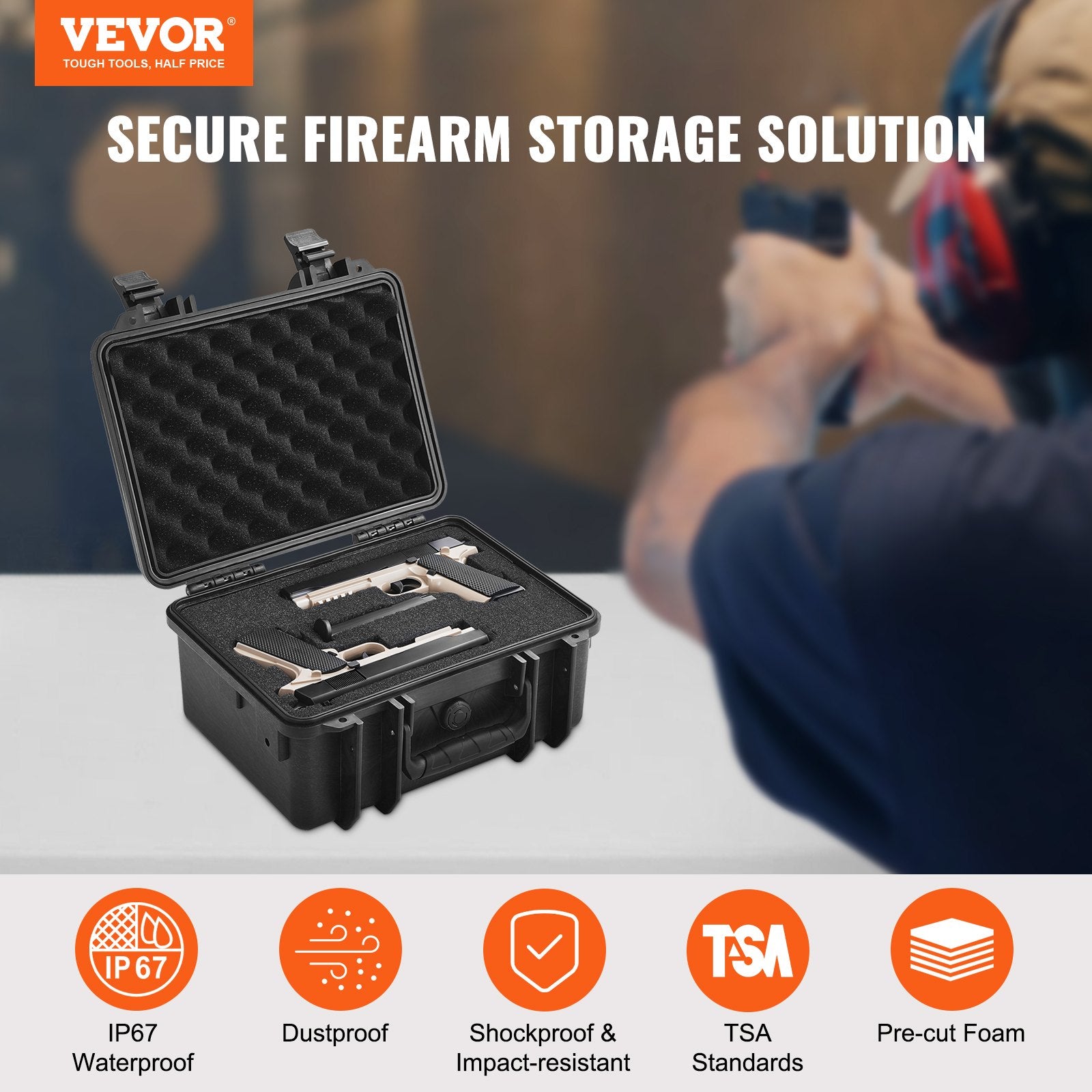 VEVOR Hard Pistol Cases with Pre-cut PU Foam, Waterproof & Dustproof Hard Gun Case for 2 Pistol, 14.1×11.5×7.6 in Lockable Pistol Case, Black