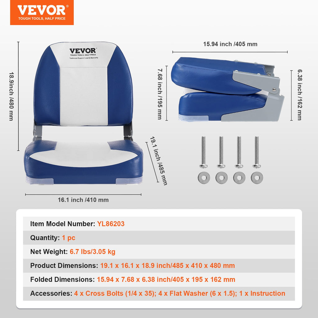 VEVOR Boat Seat, 480 mm Low Back Boat Seat, Folding Boat Chair with Thickened Sponge Padding and Hinge, Fold-Down Boat Captain Chair for Fishing Boat, Sightseeing Boat, Speedboat, Canoe, 1-Piece
