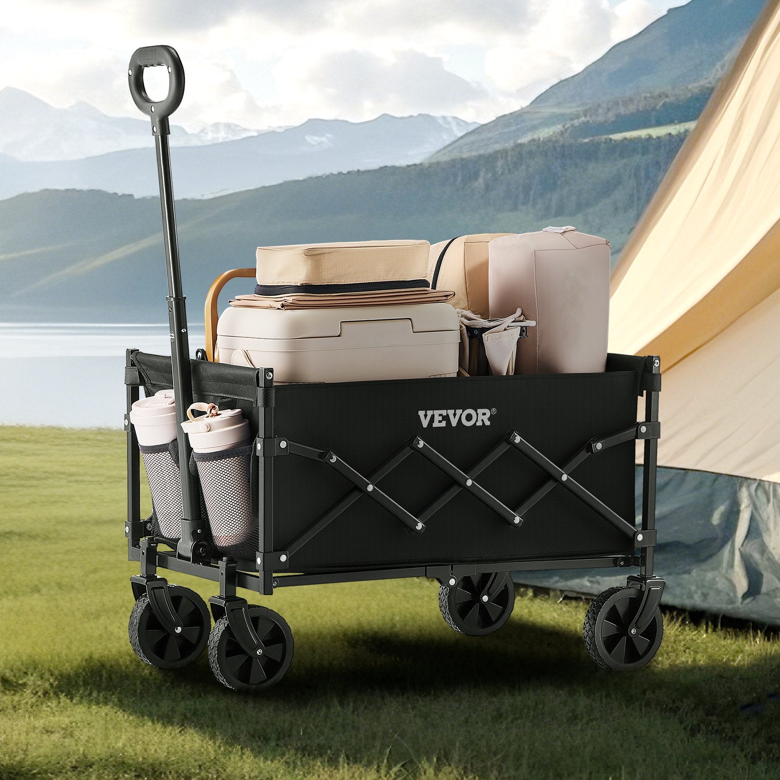 VEVOR Collapsible Wagon Carts, 120L & 225LBS Folding Wagons with All-Terrain Wheels, Heavy Duty Outdoor Utility Cart with Adjustable Handle, Portable Camping Cart for Beach Grocery Garden Black