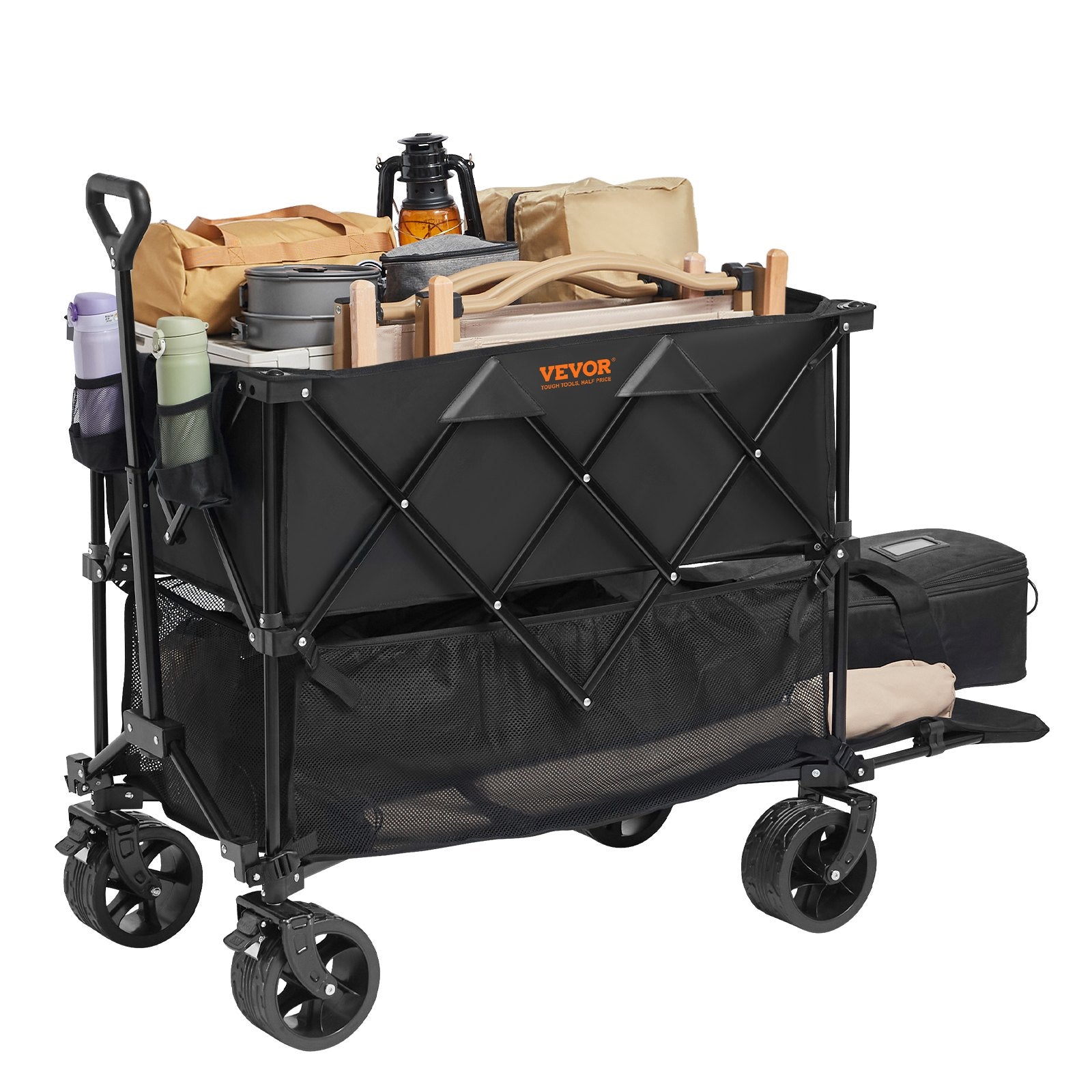 VEVOR Foldable Double Decker Wagon, 400L Collapsible Wagon Cart with All-Terrain Wheels, Heavy Duty Folding Wagon Cart 350-450 lb Weight Capacity for Camping, Shopping, Garden, 52" Extra Long Extender