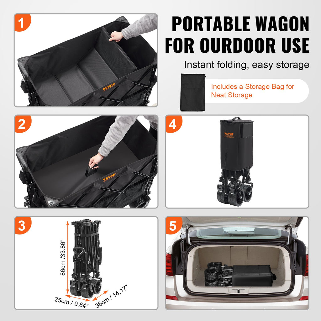 VEVOR Foldable Double Decker Wagon, 400L Collapsible Wagon Cart with All-Terrain Wheels, Heavy Duty Folding Wagon Cart 350-450 lb Weight Capacity for Camping, Shopping, Garden, 52" Extra Long Extender