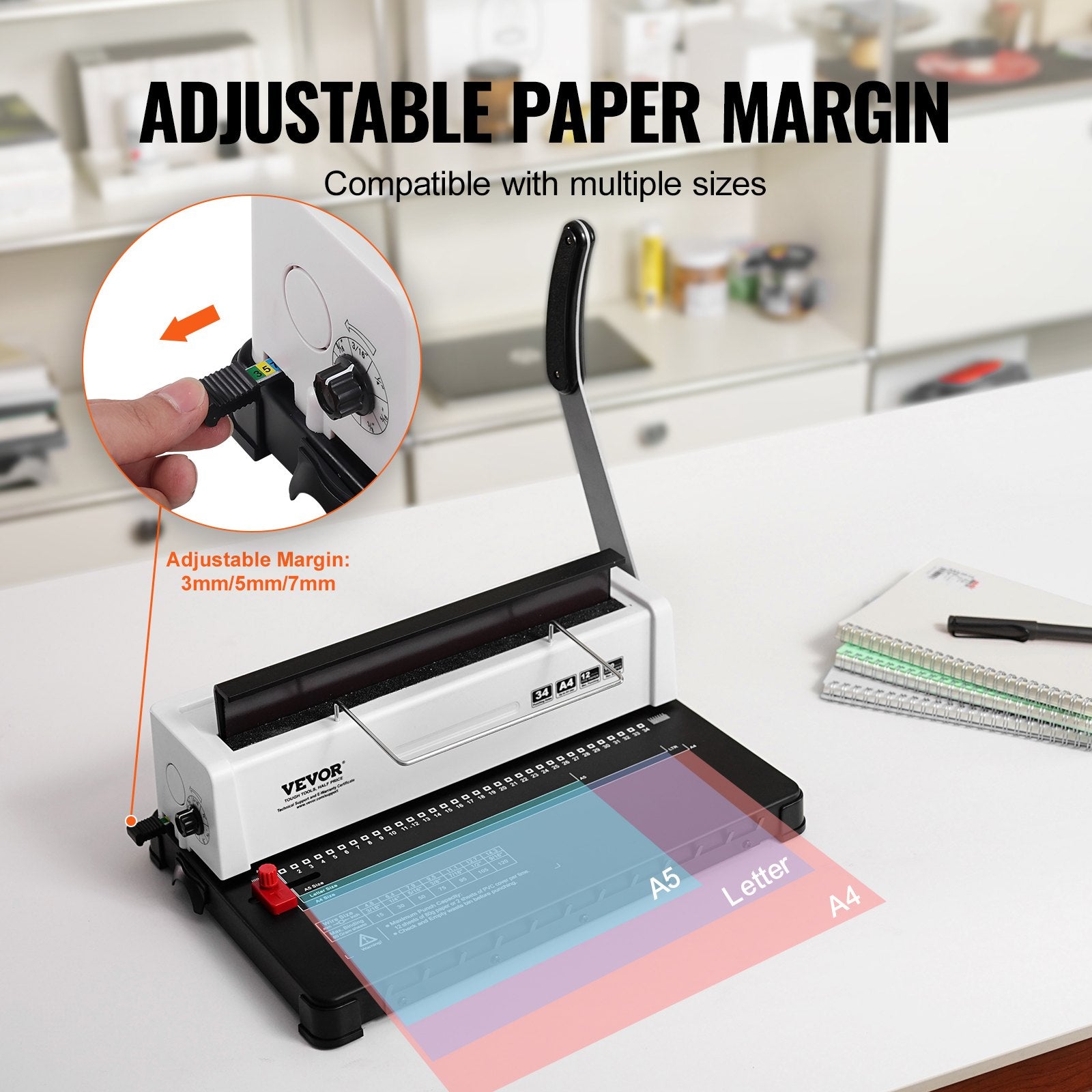 VEVOR Coil Spiral Binding Machine, Manual Book Maker 34-Holes Binding 120 Sheets, Punch Binder with Adjustable Side Margin, for Letter Size, A4, A5