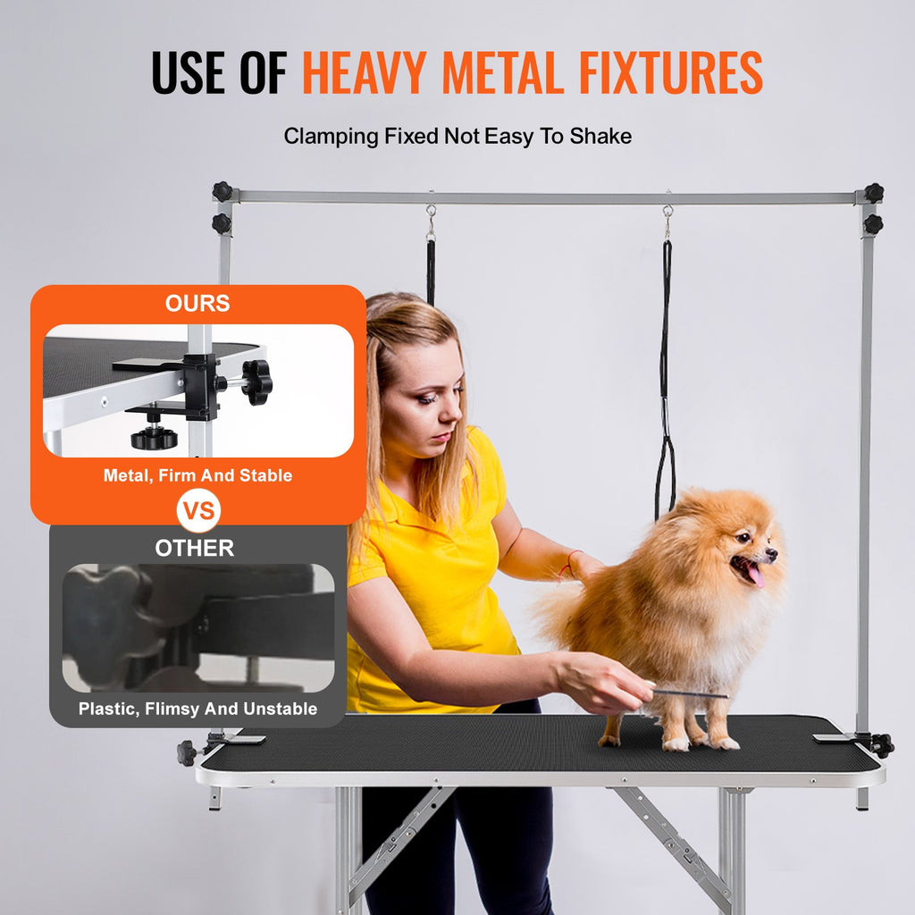 VEVOR Pet Grooming Table Two Arms with Clamp, 117cm Dog Grooming Station, Foldable Pets Grooming Stand for Medium and Small Dogs, Free Two No Sit Haunch Holder with Grooming Loop, Bearing 149.7kg