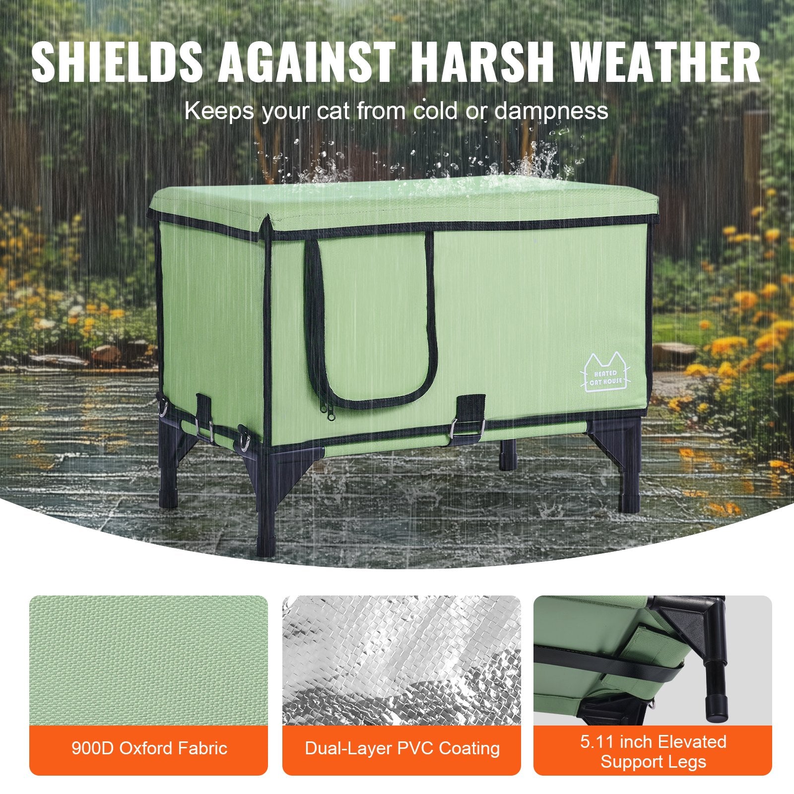 VEVOR Elevated Heated Cat House, Cuboid Kitty Shelter with Adjustable Temperature and Timer, 900D Oxford Cloth Foldable Cat Shelter with Heated Pad  for Winter to Stay Warm and Cozy, Green (Middle)
