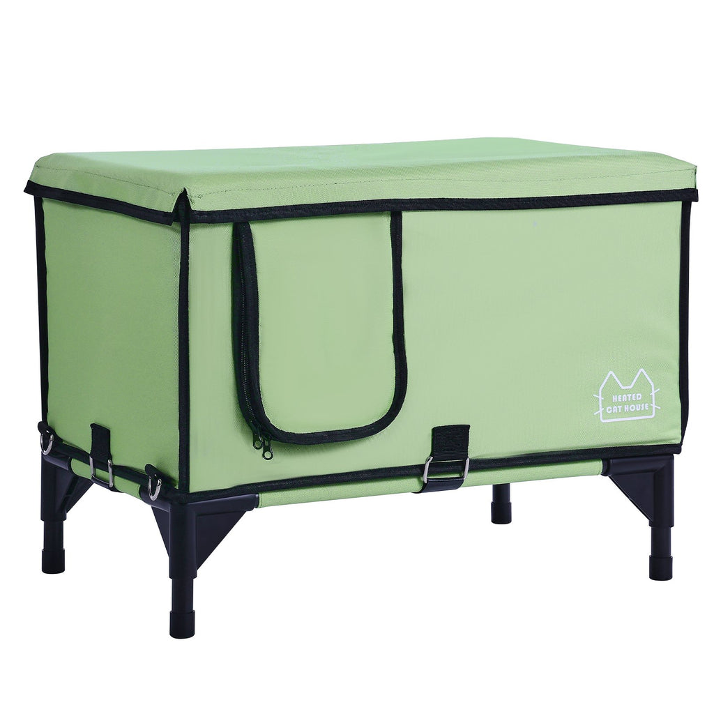 VEVOR Elevated Heated Cat House, Cuboid Kitty Shelter with Adjustable Temperature and Timer, 900D Oxford Cloth Foldable Cat Shelter with Heated Pad  for Winter to Stay Warm and Cozy, Green (Large)