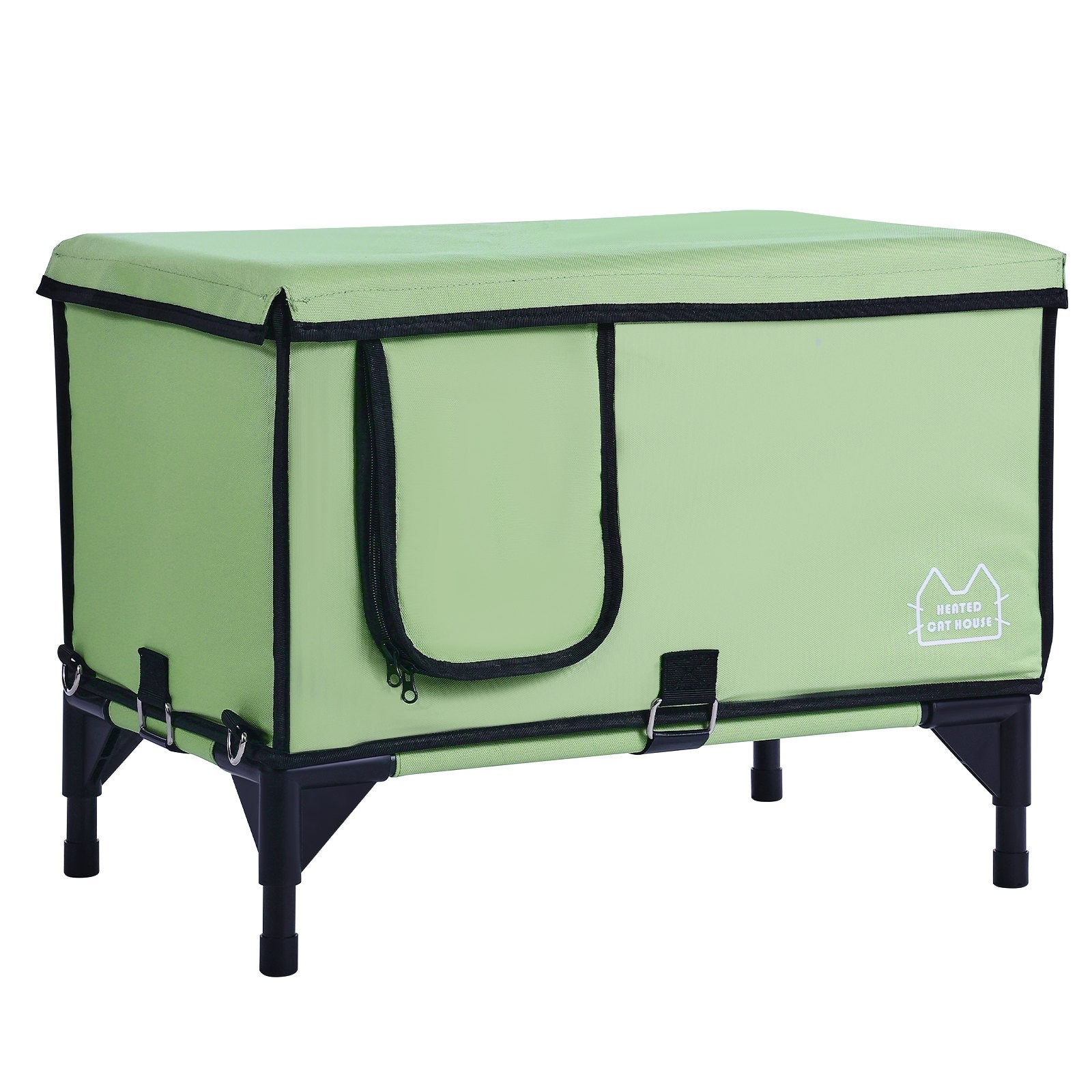 VEVOR Elevated Heated Cat House, Cuboid Kitty Shelter with Adjustable Temperature and Timer, 900D Oxford Cloth Foldable Cat Shelter with Heated Pad  for Winter to Stay Warm and Cozy, Green (Large)