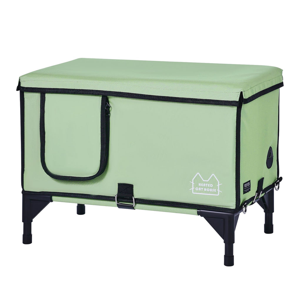 VEVOR Elevated Heated Cat House, Cuboid Kitty Shelter with Adjustable Temperature and Timer, 900D Oxford Cloth Foldable Cat Shelter with Heated Pad  for Winter to Stay Warm and Cozy, Green (Large)